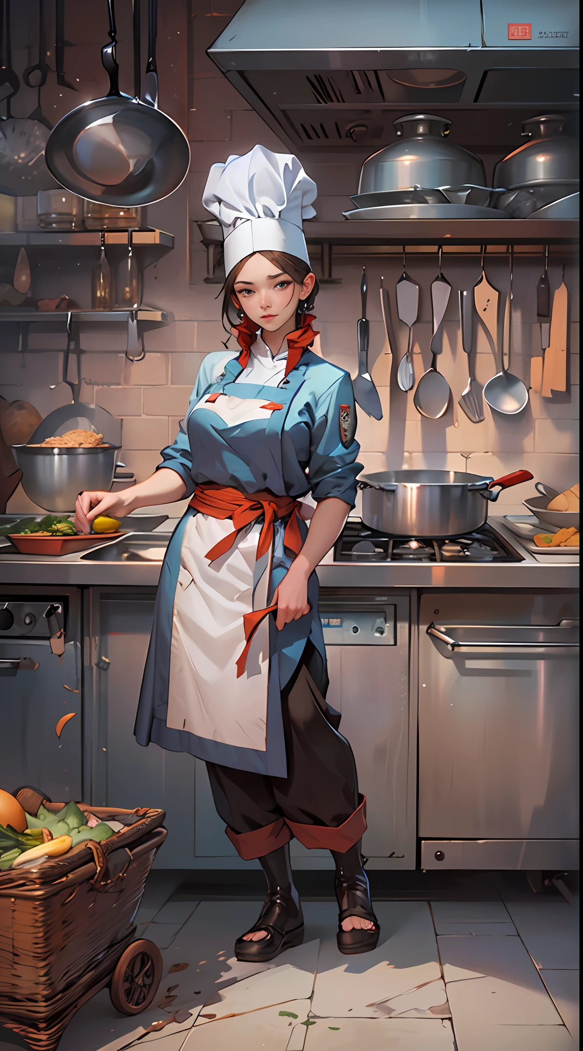 the animation shows a chef in a cooking position, in the style of zhang jingna, handsome, kathrin longhurst, maximilien luce, heroic, contest winner, enchanting , 32k, best quality, masterpiece, super detail, high details