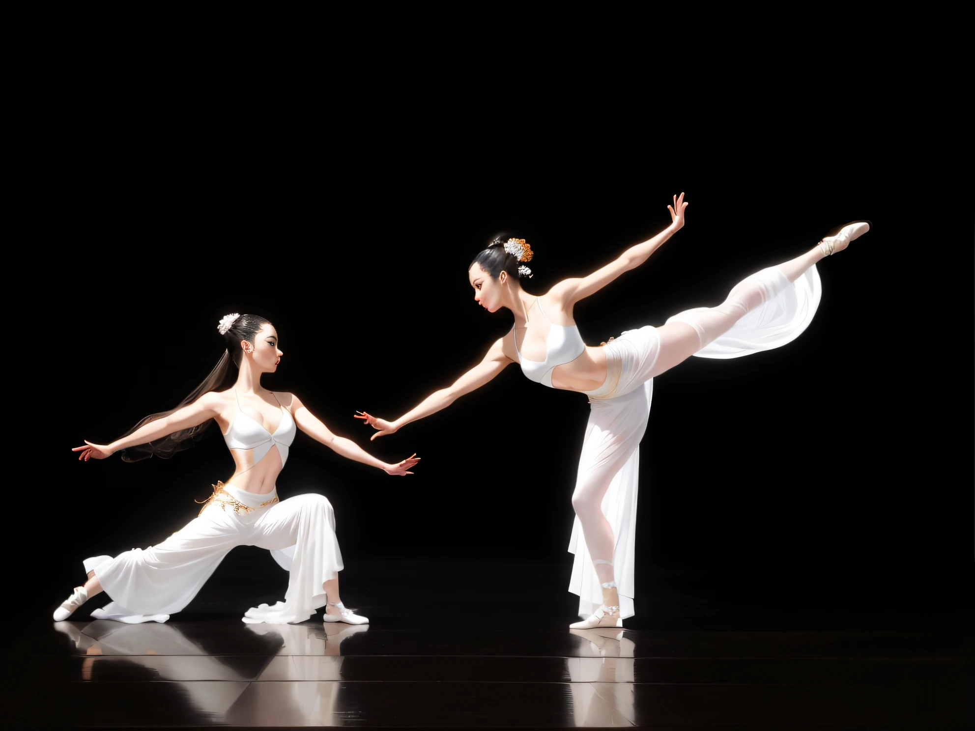 Elegant digital oil painting, Two dancers perform on a city street, Contemporary, roberto ferri and ruan jia, inspired by Fei Danxu, modern dance aesthetic, masterful composition!!!, contemporary dance poses, style of guo hua, choreographer, dancing gracefully, inspired by Zhou Jichang, tranquil and graceful, yin zhen chu,romanticism painting, Deep white and amber multi-color style