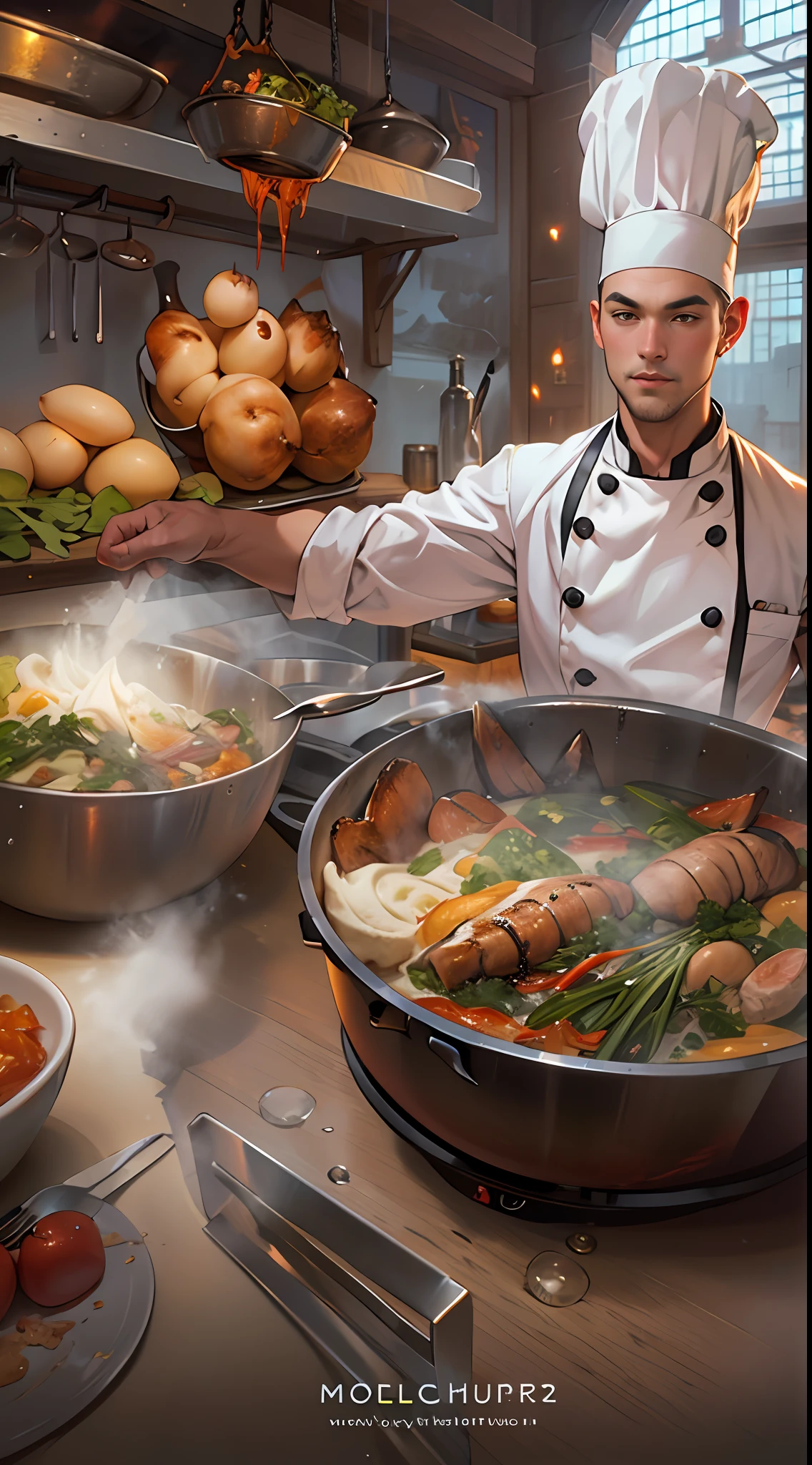 the animation shows a chef in a cooking position, in the style of zhang jingna, handsome, kathrin longhurst, maximilien luce, heroic, contest winner, enchanting , 32k, best quality, masterpiece, super detail, high details