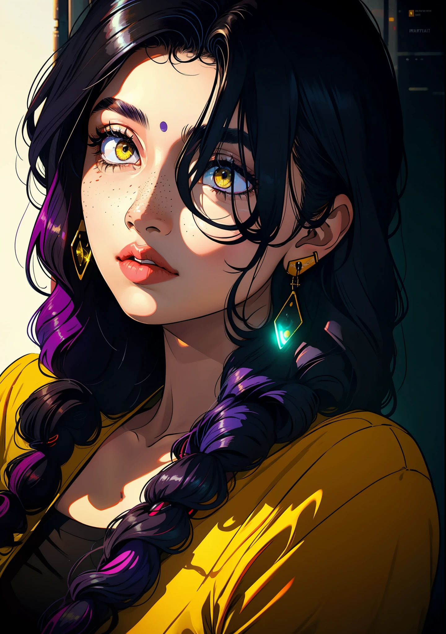 1girl, Anupama,solo,colorful,yellow eyes,cyberpunk,city,peace sign,earrings,purple hair,eye patche,freckles,prothesis,mechanic,neon,beautiful lighting,purple reflection,cap,smoking,character focus,cg illustration,bust shot,yellow and black outfit,black hair,