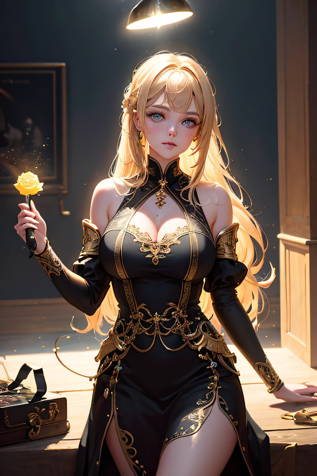 (tmasterpiece:1.2), best qualtiy, (illustratio:1.2), ornate decoration, (Masterfully crafted Glow, Lens flare), (ultra - detailed), hyper-detailing, (exquisitedetails), (intricately details), (Movie light, Best quality backlight), (Bioluminescence hair), (glowing light eyes), (dyna:1.2), ((putting makeup on)), absolutly eye-catching, pre - historic, (Colorful paint splashed on background, Dulux, )), ((Caustics)), dynamic angle, (big breasts enchanting), (Intricately detailed films :1.1), Environmental occlusion, ambient lights,ray-traced reflection,(The best lighting,Extremely refined and beautiful),((cinematric light)),extremely colorful,powerful,(Movie Masterpiece),Fantastic Big Eyes,perfectly proportions,Perfectly drawn face, albedo, whaite hair, chain, cozily, vehement, daysies, Golden sky, Cleavage is seductive, illustratio, Angels are everywhere, Yellow eyes, red rose, chain, splashing color, smooth soft skin, prime time, atmospurate, parks, Tano, bullets, The breathtaking ambient light comes from the sky, A soft warm glow from the chain,God's light,The halo,beautiful intricate colored hair,对称,gentlesoftlighting,concept-art,digitial painting,looking at viewe,realistic reflections,There are tracers everywhere,full bodyesbian