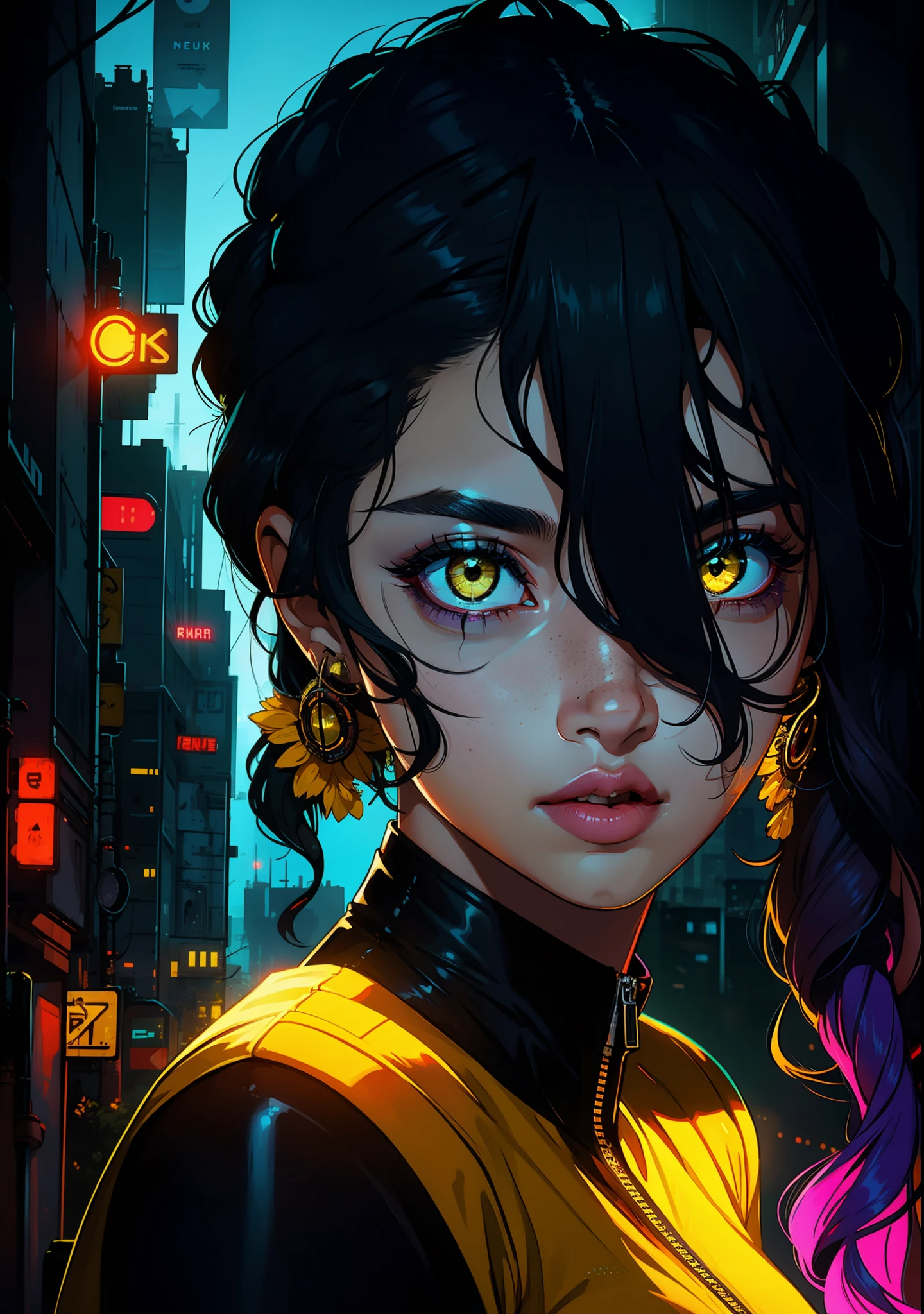 1girl, Anupama,solo,colorful,yellow eyes,cyberpunk,city,peace sign,earrings,purple hair,eye patche,freckles,prothesis,mechanic,neon,beautiful lighting,purple reflection,cap,smoking,character focus,cg illustration,bust shot,yellow and black outfit,black hair,