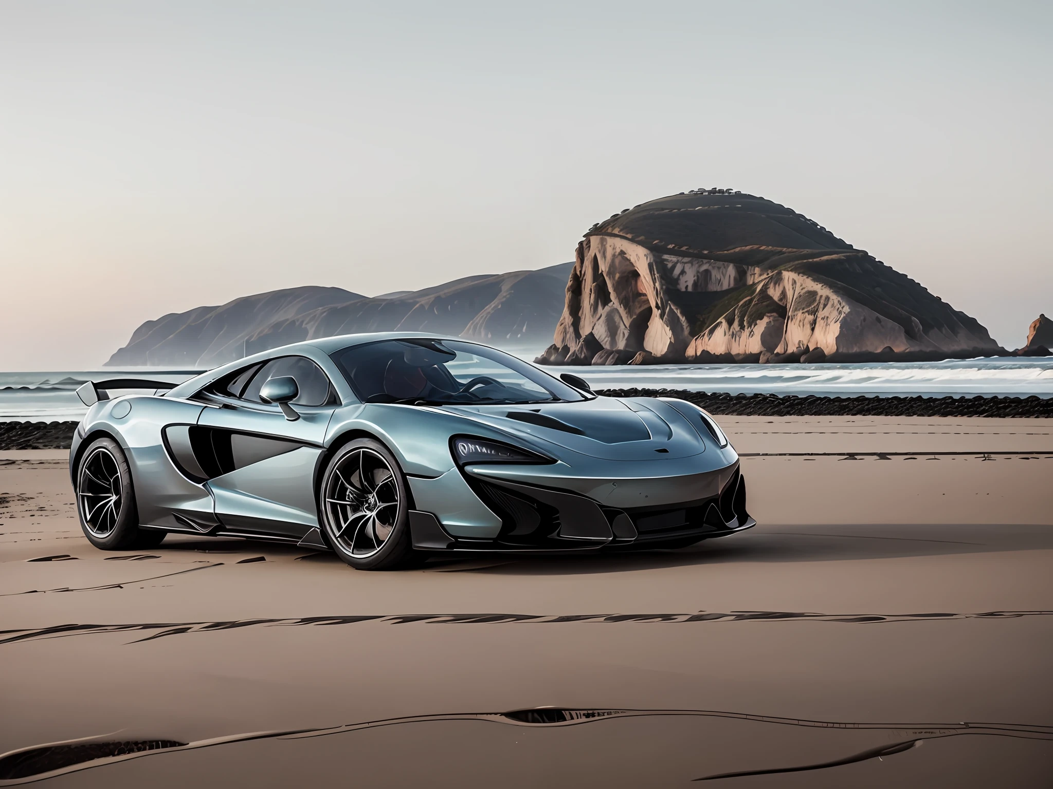 A 3/4 front view of a,((McLaren)),On the beach by the sea,softlighting,high qulity,filmgrain, Fujifilm XT3, Professional lighting, photon maping, Radio City,A masterpiece at the retinal level,super detailing