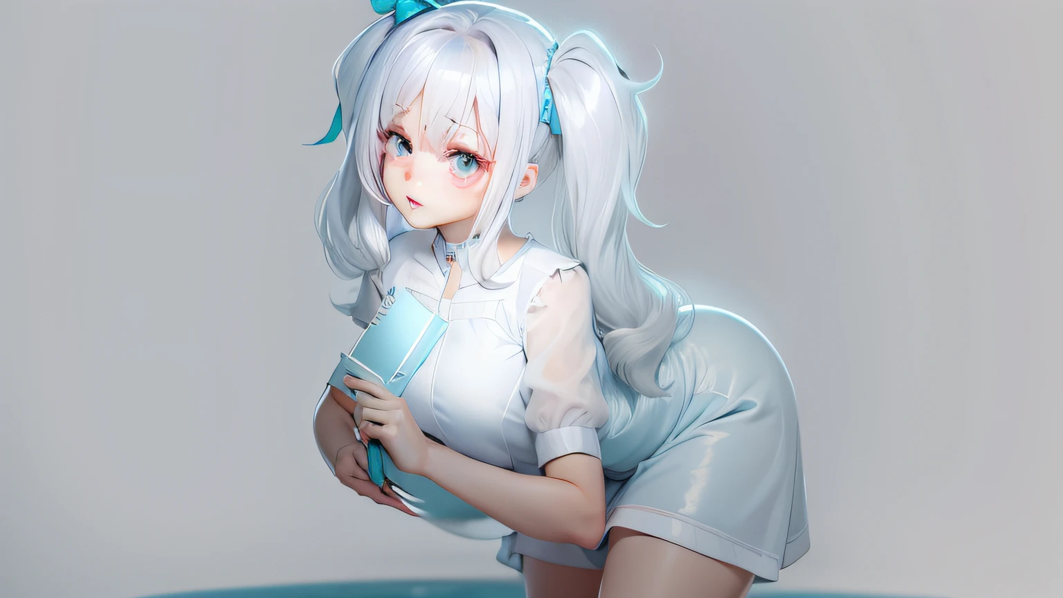 Silvery hair,red pupils,Aqua blue dress,white sash --auto