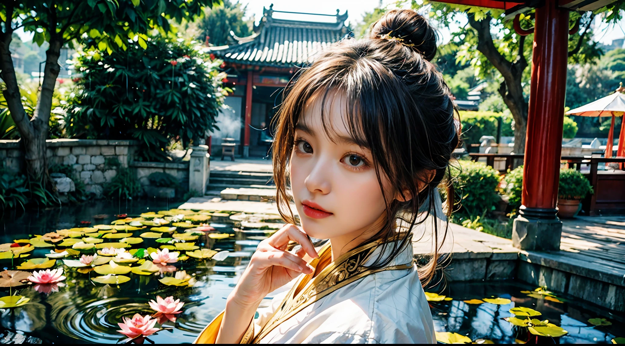 realistic, big vista, wide angle lens, intricate details, super detailed, natural skin texture, 1 girl, hair bundle, bun, beautiful Chinese woman in white hanfu robe cloak, fairy, white mist, golden light, white mist, outdoors, in Hangzhou West Lake, in ancient Chinese pavilion, (colorful, vivid, sunny, cool light: 1.2) lotus leaves in pond, delicate facial details, dynamic poses, exquisite details, wide view, epic details, global illumination - ar 3:2 - Q 5 - V 5.1 - Style RAW-S 750, style influenced by ancient Chinese art, complex, high detail, sharp focus, dramatic, photorealistic painting art, lotus leaf, spring rain, bright, light, atmospheric, bright tones of spring, super detail, 16k, best quality, soft light, space, crystal clear, natural light, surreal photography,