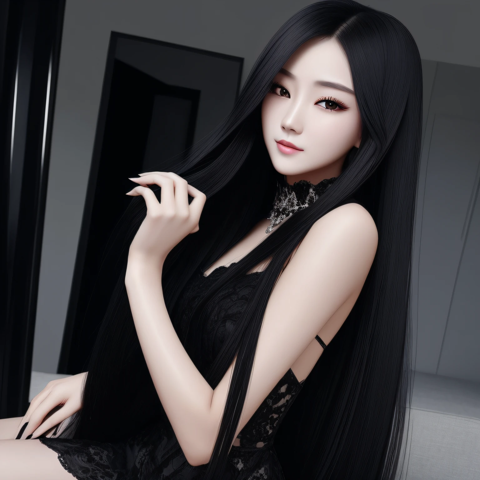 Long black hair that is long and shiny，And the appearance that will not lose to the model，Elegant appearance，Fair side face，A pair of slender and beautiful eyes and her violent character are too well matched to form a sharp beauty，It gives people a lonely and cold image --auto