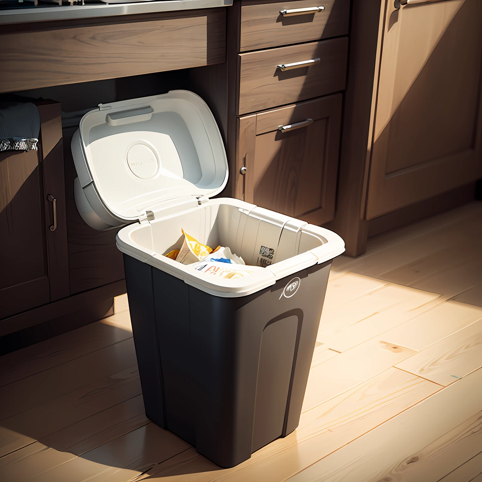 The room had a plastic rectangular Nordic style trash can，The surface of the trash can has a pattern composed of beautiful lines，Photorealistic rendering --auto