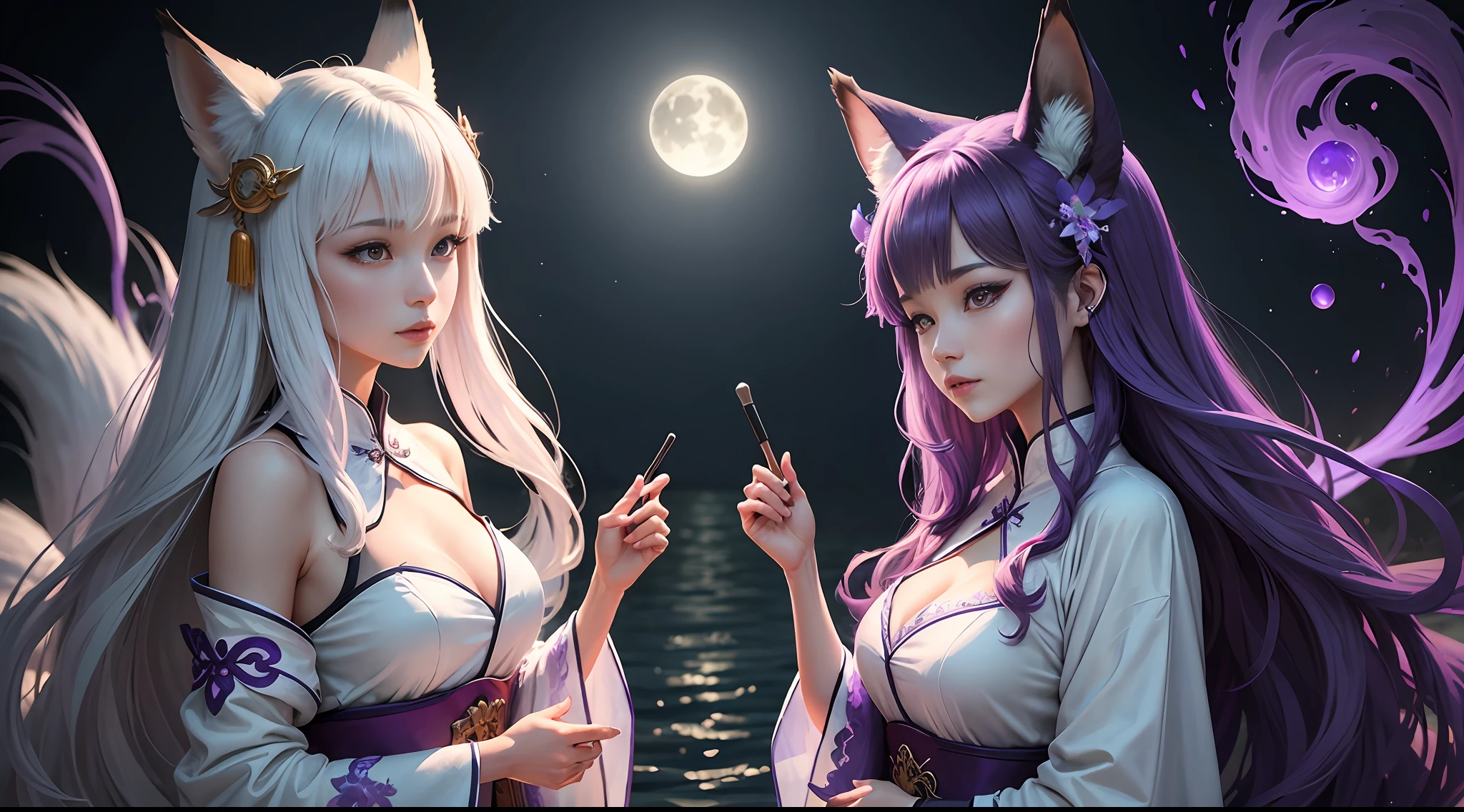 Beautiful and ethereal vixen dressed in flowing white Chinese robes。The image captures fox spirits in the dark sea of the netherworld,It is surrounded by purple gas and faint clouds。Use Midjourney's advanced brush tools to create complex folds and textures on vixen's robes and hair,And experiment with different color palettes and brushstrokes to bring out the ethereal quality of the scene。The image of the fox spirit is sometimes obscured by the purple qi around it,It also adds to the beauty of the vixen,Make the scene full of mystery and fascination。Leverage Midjourney's powerful tools,You can bring this captivating and ethereal scene to life with incredible detail and beauty。 hdr,(真实感,Masterpiece quality,best qualtiy),,PureErosFace_V1,Urzang-6500-V1 version.1, --auto