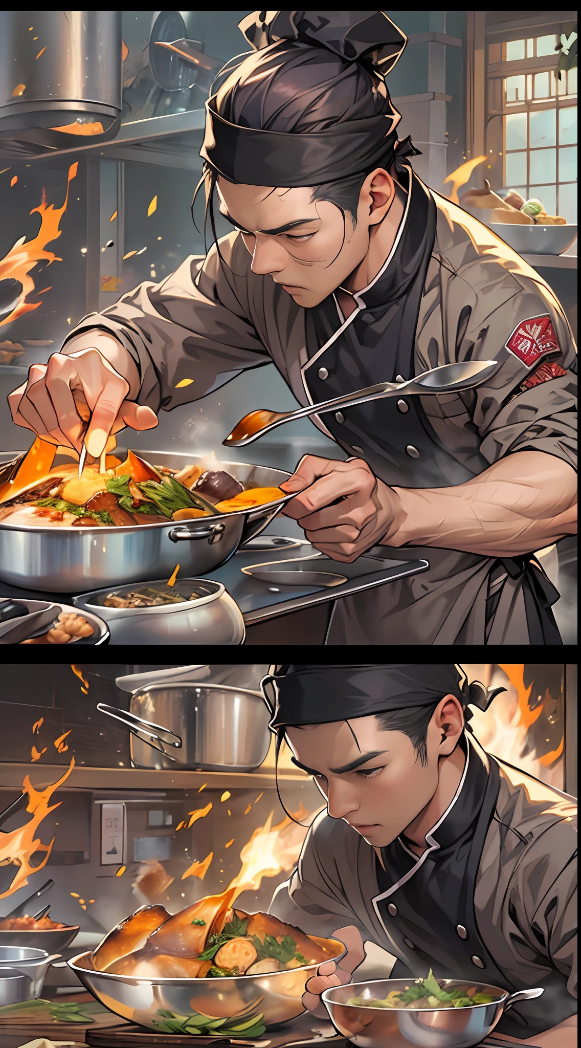 a chef cooks his food on an open flame screen, in the style of romantic manga, the stars art group xing xing, hyper-realistic portraits, villagecore, havencore, handsome, chinapunk ,32k, best quality, masterpiece, super detail, high details