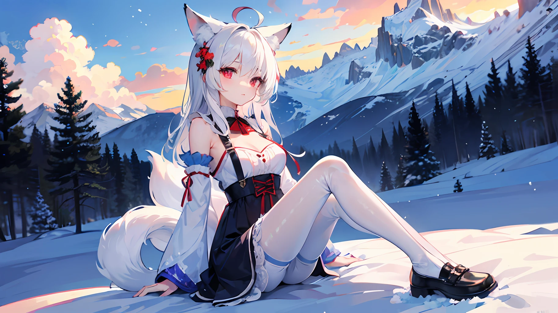 Han clothing,profile,full body,Perspective,Movie Angle,very wide angle shot,Overall view,,Lens flare,Snow,High hills,blue sky with clouds,snowfield,Mountain,Nature,alps,Petite,Fox girl,Slender waist,Lori huge breasts cleavage,Babe,Babe,Fox_hor ears,Long hair,ahoge,White_Hair,Red_Eyes,White_Hair,Red_Eyes,looking at the distance,kemomimi,standing,arms back behind,Slim legs,Beautiful_face,Cold attitude,Beautiful detailed eyes,Sweet_ta,Han clothing,White pantyhose,upper legs,KON,Suspenders,ribbon,hair flower,hair stick,Tail,Tiny_chest,Tiny_chest,Tiny_chest,Beautiful detailed sky,Ray tracing,Masterpiece,Clear picture,Sunlight,leg loops,ahoge,