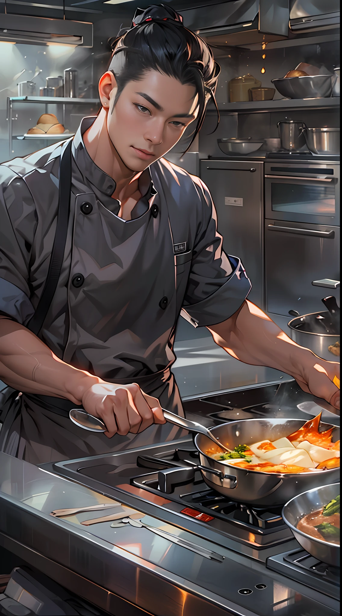 a picture of a chef cooking in a flameless kitchen, in the style of the stars art group xing xing, realistic yet romantic, he jiaying, handsome, gray and amber, heroic, smooth and shiny ,32k, best quality, masterpiece, super detail, high details