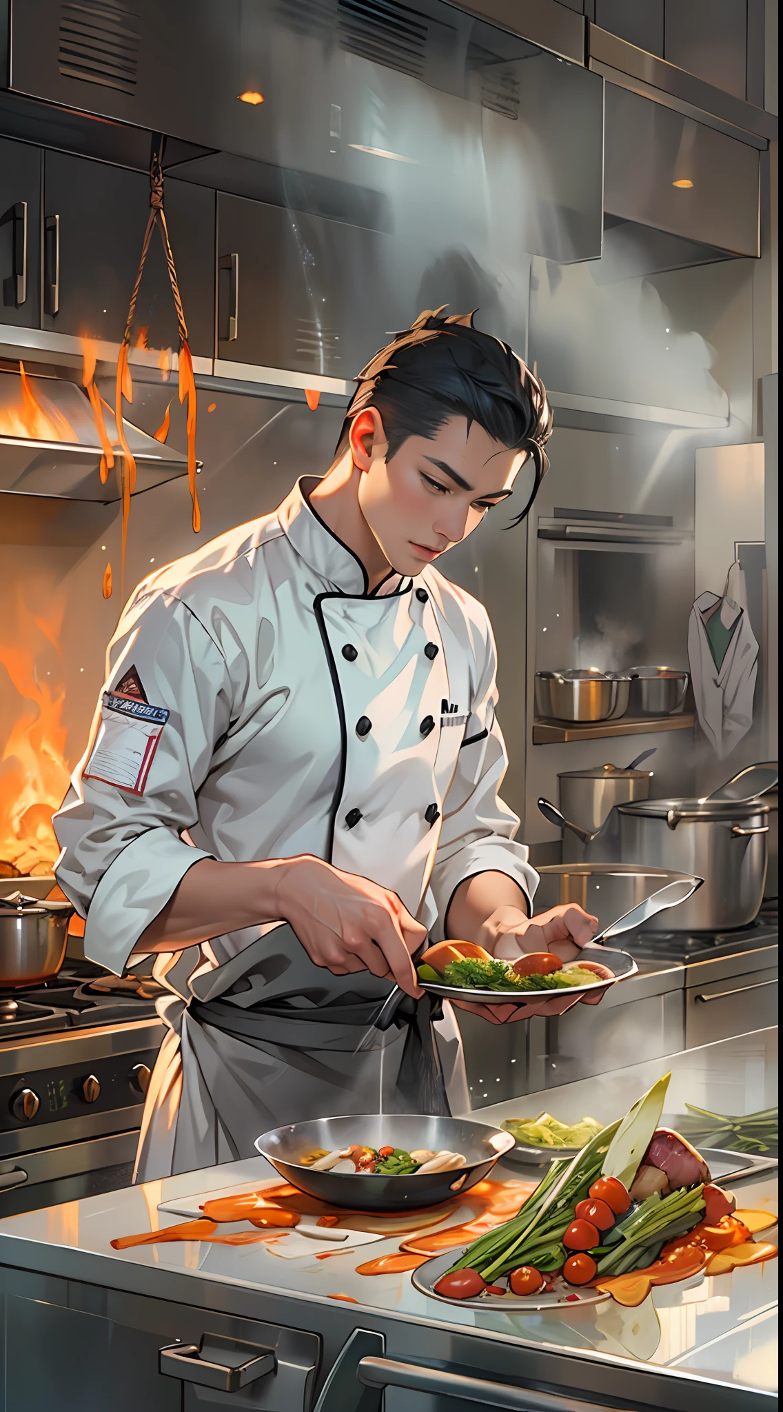 a picture of a chef cooking in a flameless kitchen, in the style of the stars art group xing xing, realistic yet romantic, he jiaying, handsome, gray and amber, heroic, smooth and shiny ,32k, best quality, masterpiece, super detail, high details