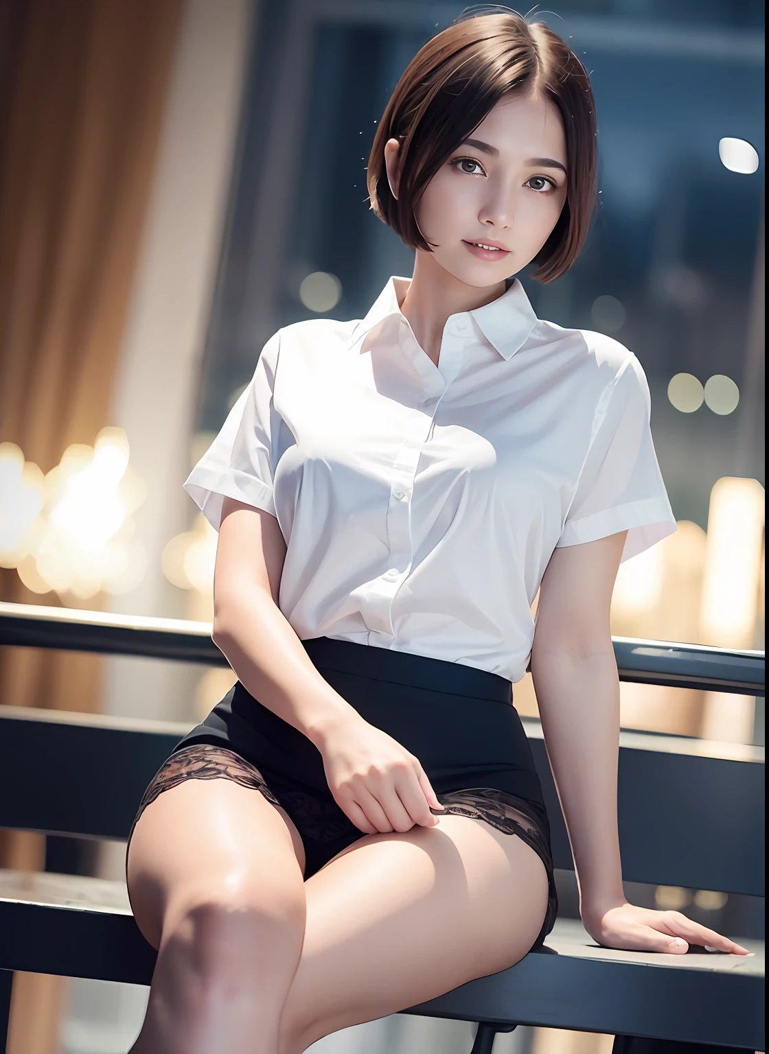 (8k, Best Quality, Masterpiece: 1.2), (Realistic, Photorealistic: 1.37), Super Detailed, 1 Girl, Cute, Alone, Beautiful Detailed Sky, Detailed Cafe, Night, Sitting, Date, ( Nose blush), (smile: 1.15), (close mouth) small breasts, beautiful details, (collared shirt: 1.1), night, wet, business wear, rain, white lace, (short hair: 1.2), floating Hair NovaFrogStyle,