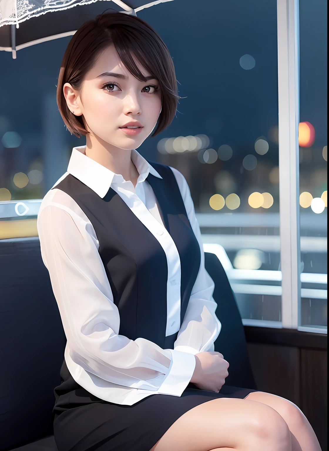 (8k, Best Quality, Masterpiece: 1.2), (Realistic, Photorealistic: 1.37), Super Detailed, 1 Girl, Cute, Alone, Beautiful Detailed Sky, Detailed Cafe, Night, Sitting, Date, ( Nose blush), (smile: 1.15), (close mouth) small breasts, beautiful details, (collared shirt: 1.1), night, wet, business wear, rain, white lace, (short hair: 1.2), floating Hair NovaFrogStyle,
