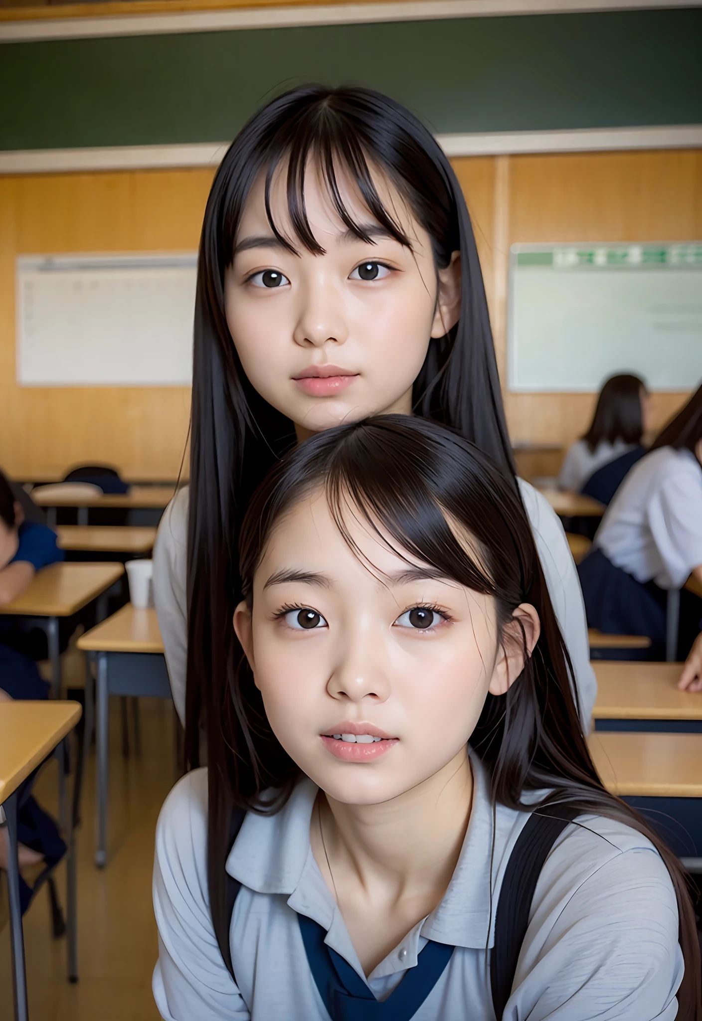 Japan schoolgirl sitting in classroom、She winked slowly with her right eye、Makes communication with students around you more enjoyable、Quiet scene in the classroom、Fascinating expression of a special connection with other students