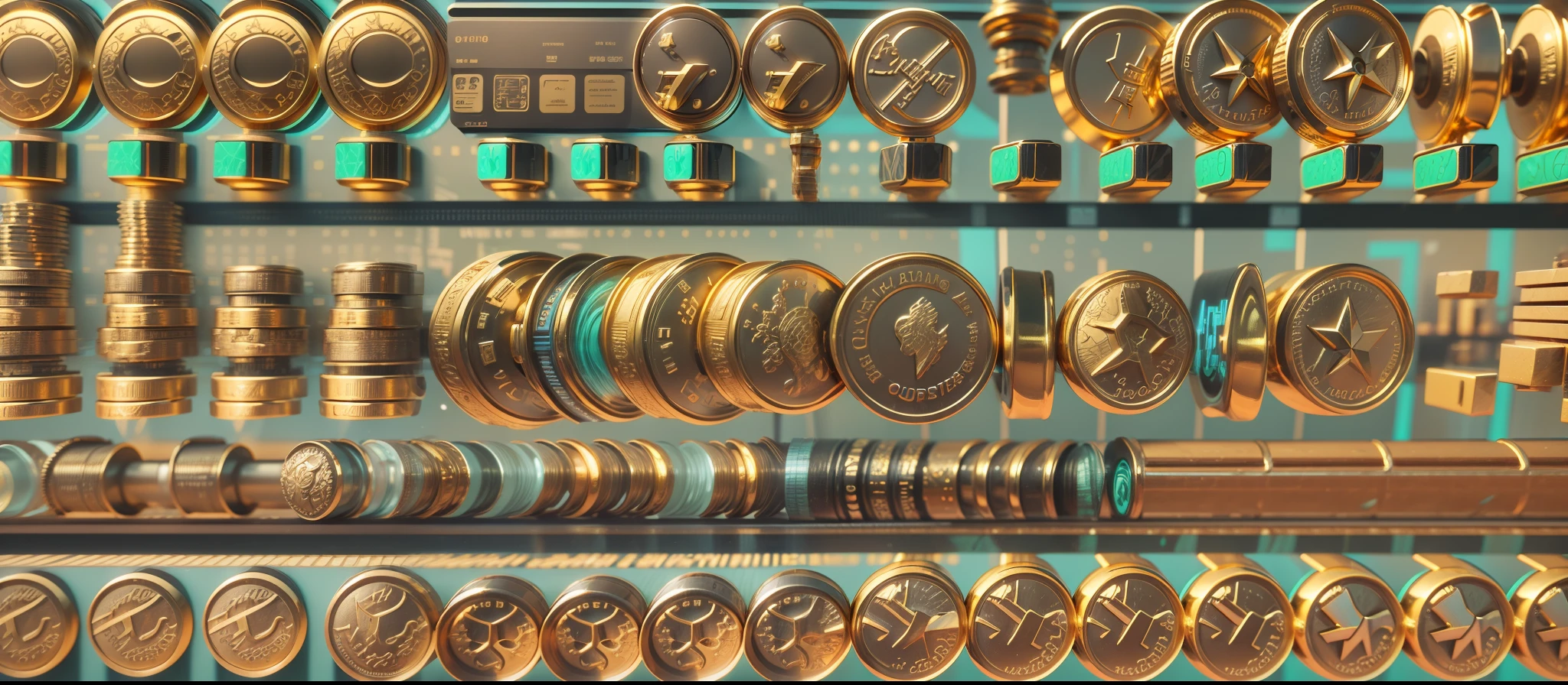 gold coins,Metaverse,var,Blue cyberpunk style,Complicated details,Dynamic photography,Long exposure,Studio environment,soft ambient light,super detailing,Metallic texture and tension composition,Ultra photo realsisim,C4D,OC rendering,3D,16k,hyper HD