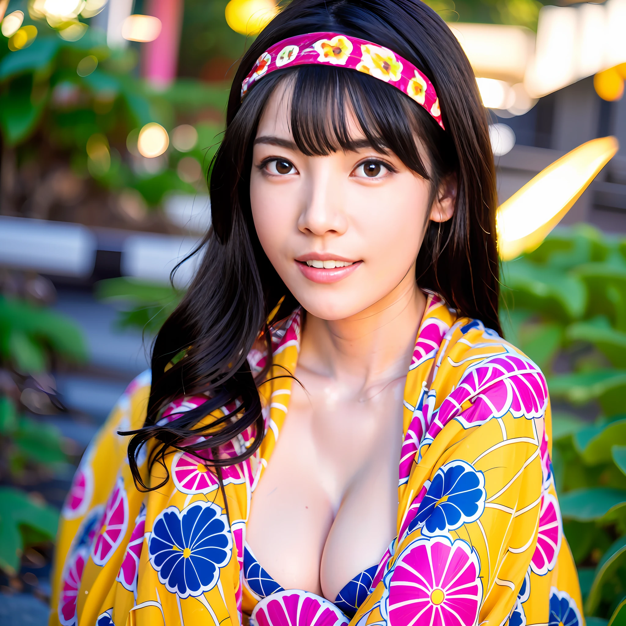 karen, 1girl, solo, realistic, lips, mole, black hair, SFW, kimono, photorealistic, best quality, ultra high res, outdoor, An amusement park，Colorful，Happy expression，Cute headband，big breasts beautiful，tmasterpiece，best qualtiy，very highly detailed face，perfect litthing，best qualtiy，超高分辨率，Photoreality，ultra - detailed，tmasterpiece，best qualtiy，