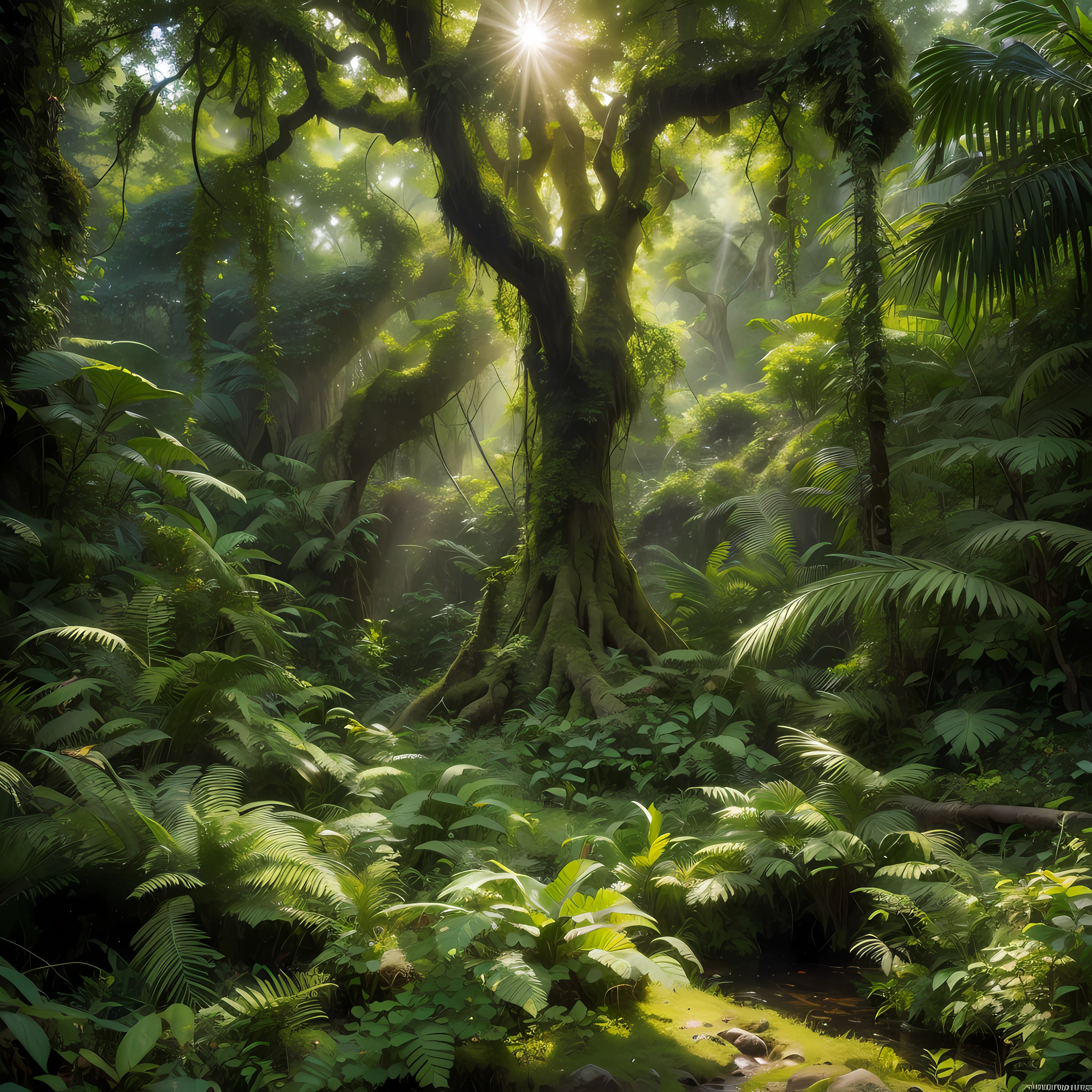 The photograph captures a breathtaking moment in the heart of a dense jungle. Sunlight filters through the thick canopy, casting dappled shadows on the forest floor. Lush foliage, vibrant greenery, and tangled vines surround a small group of explorers, their faces filled with awe and excitement. They stand in a clearing, seemingly dwarfed by the towering ancient trees that have witnessed centuries of life and evolution. Adventurous, natural, vivid, dense, wild, biodiversity, awe-inspiring, immersive, serene, vibrant, earthy, dynamic, captivating. Ansel Adams' nature photography, Steve McCurry's storytelling, and Jimmy Chin's adventurous captures. High-resolution image, sharp focus on the explorers and the natural elements, realistic color reproduction, balanced exposure to capture details in both highlights and shadows, and a well-composed shot to convey the sense of adventure and wonder in the jungle.