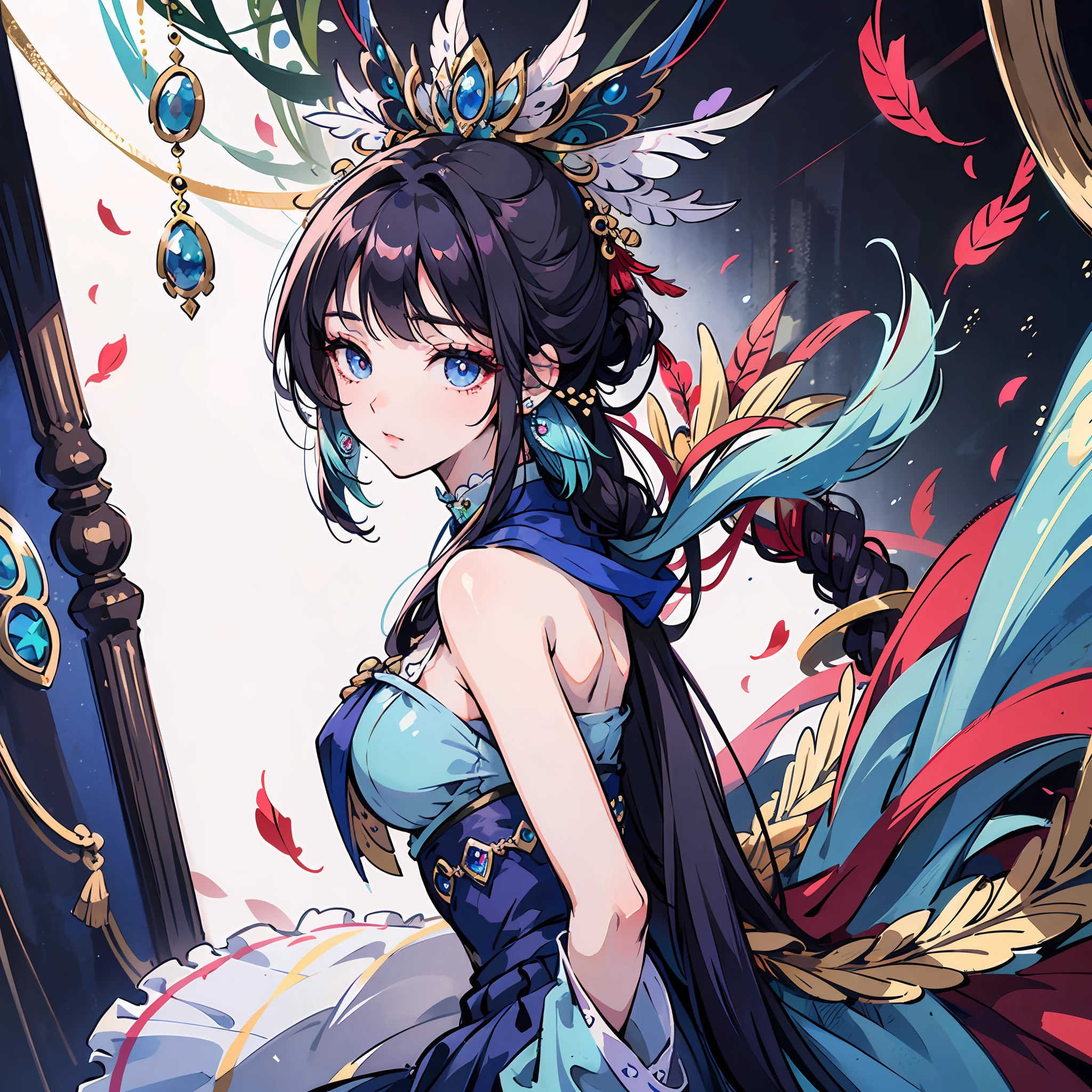 Best Picture Quality,tmasterpiece,Original,Close-up Shot Shot,Mature girls,Big sapphire eyes,Peacock feather skirt,Gorgeous skirt,Colorful feathers,Long hair with blue shawl,Danfeng Eyes,Delicate accessories,Delicate cheeks,Delicate earrings --auto