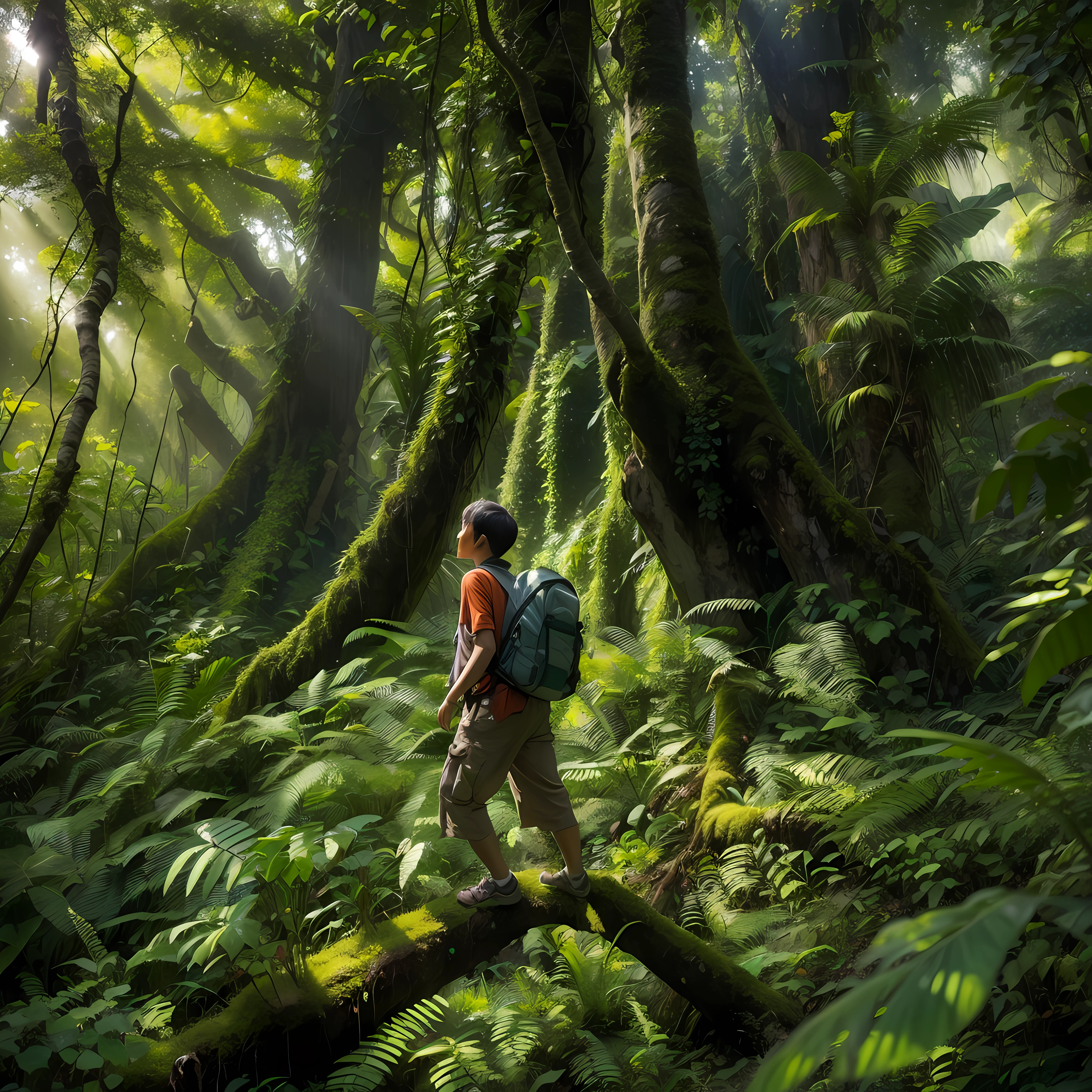 The photograph captures a breathtaking moment in the heart of a dense jungle. Sunlight filters through the thick canopy, casting dappled shadows on the forest floor. Lush foliage, vibrant greenery, and tangled vines surround a small group of explorers, their faces filled with awe and excitement. They stand in a clearing, seemingly dwarfed by the towering ancient trees that have witnessed centuries of life and evolution. Adventurous, natural, vivid, dense, wild, biodiversity, awe-inspiring, immersive, serene, vibrant, earthy, dynamic, captivating. Ansel Adams' nature photography, Steve McCurry's storytelling, and Jimmy Chin's adventurous captures. High-resolution image, sharp focus on the explorers and the natural elements, realistic color reproduction, balanced exposure to capture details in both highlights and shadows, and a well-composed shot to convey the sense of adventure and wonder in the jungle.