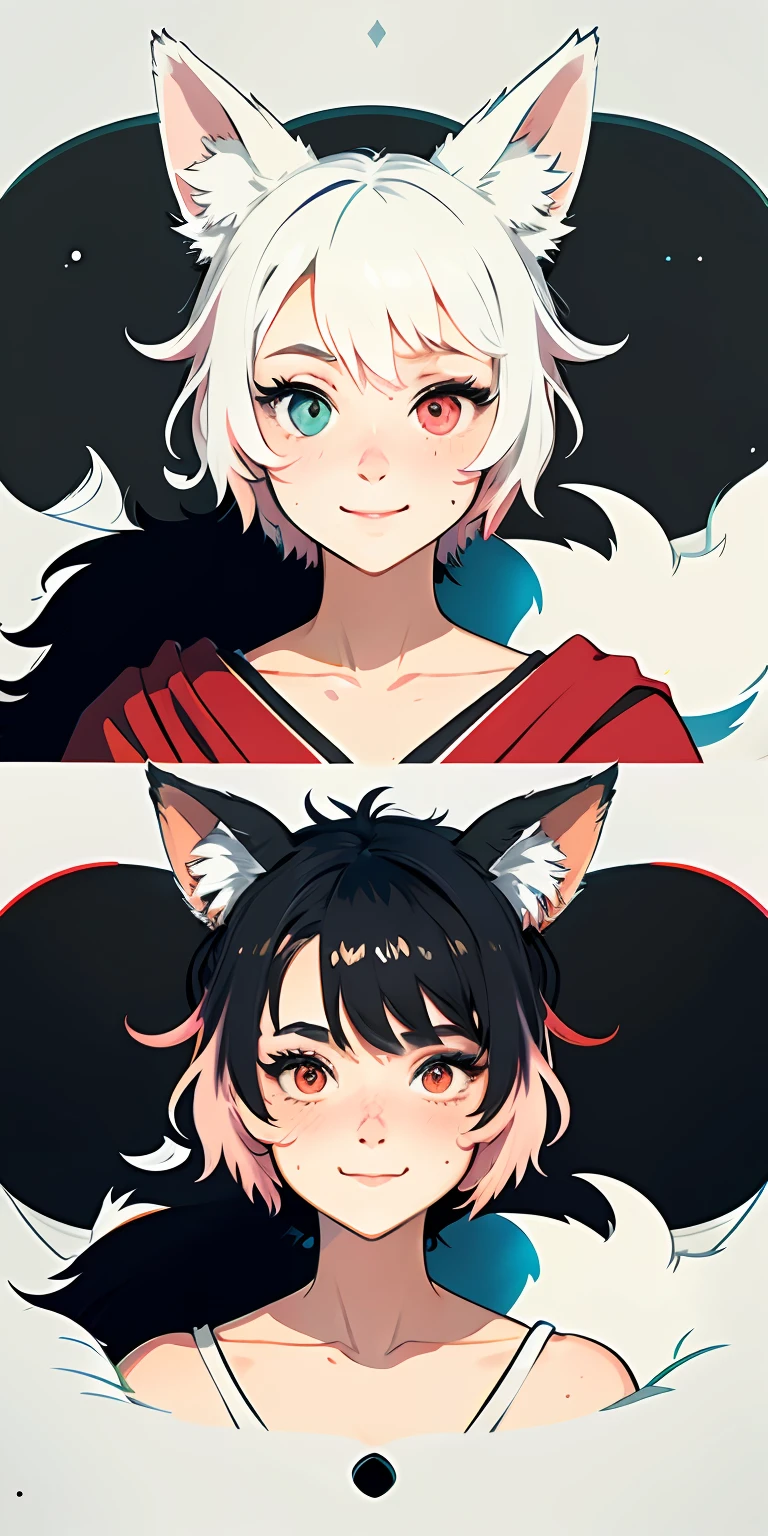 black hair, hair bobbles, wince, longeyelashes, solid circle eyes, fake animal ears, light smile, ear blush, fang, multicolored hair, fox ears, white eyes, heterochromia, Surrealism, drop shadow, anaglyph, stereogram, tachi-e, pov, atmospheric perspective, 8k, super detail, ccurate, best quality, textured skin