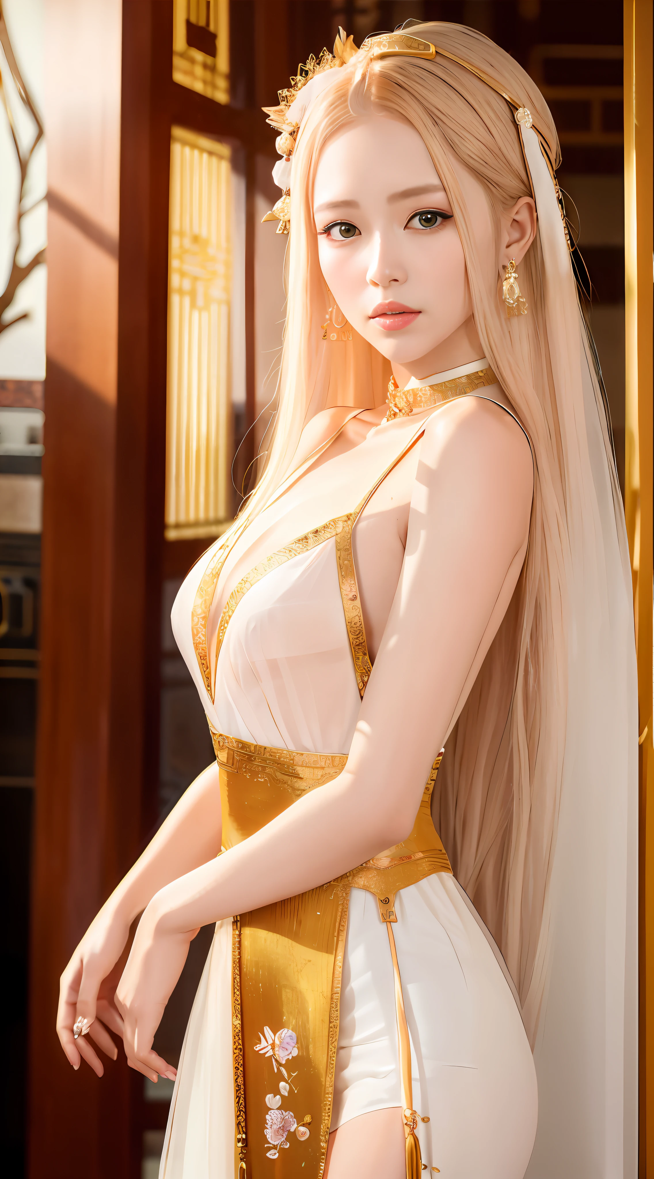 White translucent dress，best qualityer，tmasterpiece，A high resolution，1个Giant Breast Girl，（Hanfu：1.2），（Gold thread stitching：1.1），（Inside an ancient Chinese palace：1.2），（ssmile：1.1），cparted lips，Sexy dress，（hair adornments：1.2），choker necklace，（jewely：1.1），long whitr hair，medium boob，耳Nipple Ring，