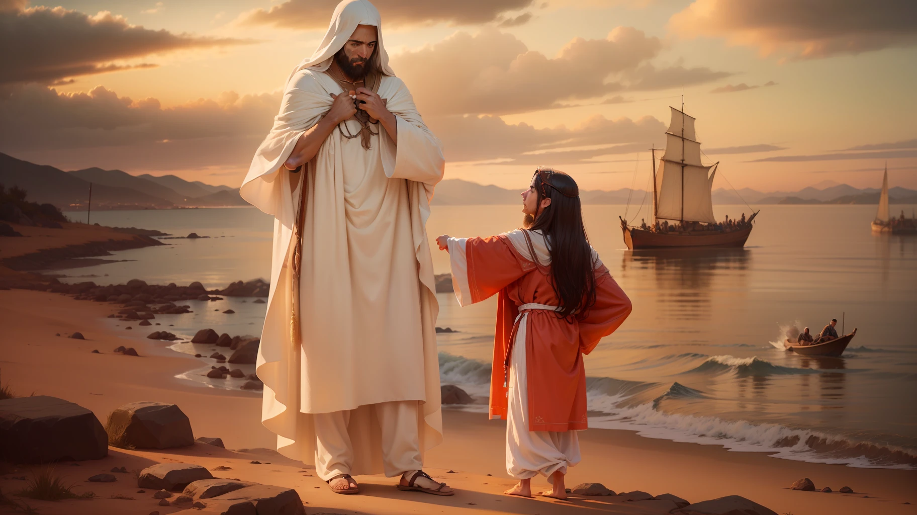 Jesus caminha com pessoas, bible illustration, epic biblical representation, imagem super realista, cinematic lighthing, beautiful depiction, Realistic, 4k, HDR