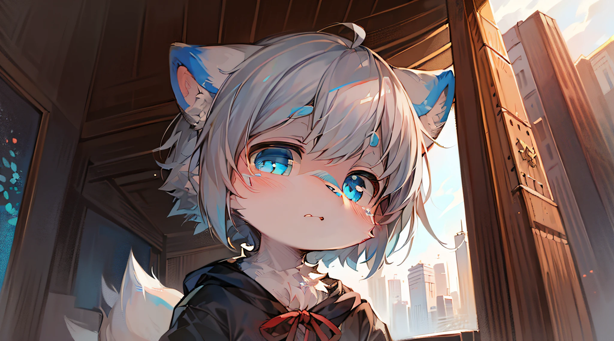 masterpiece,high quality,abstract res,digital painting\(artwork\), by dagasi, yupa, kiyosan, (anthro, fluffy fur, character focus:1.1), anthro male cat, short hair, portrait, bright eyes, panorama, Character Focus., , Furry, Furry Male, Anthr, (Full body fur, Fluffy tail, White fur, blue eyes, Gray hair:1.2)