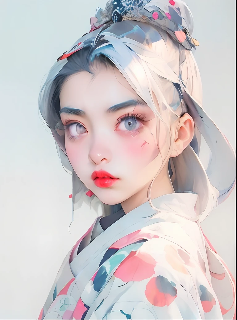 Action sketch,eye makeup,Big eyes, red lips,fine eyebrows,Melon seed face,耳Nipple Ring,Nanfu sleeve,Flat line drawing,Chinese tradition minimalist,George Morandi,Markers,Blue powder,White background,Danfeng Eyes
