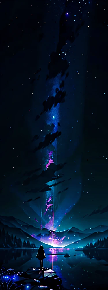 Expansive landscape photograph，（look from down，Above is the sky，Below are open fields），A girl standing on the sea looking up(Wearing a short dark blue skirt)，（moon full：1.2），（meteors：0.9），（intergalactic：1.3），Far Mountain, Tree BREAK making art，（Warm light source：1.2），（glowworm：1.2），lamp lights，Lots of purple and blue，Complicated details，Volumetric lighting BREAK（tmasterpiece：1.2），（best qualtiy），4k，ultra - detailed，（dynamic compositions：1.4），detail-rich，plethora of colors，（Irridescent color：1.2），（with light glowing，Atmospheric lighting），dream magical，magical，（独奏：1.2）
