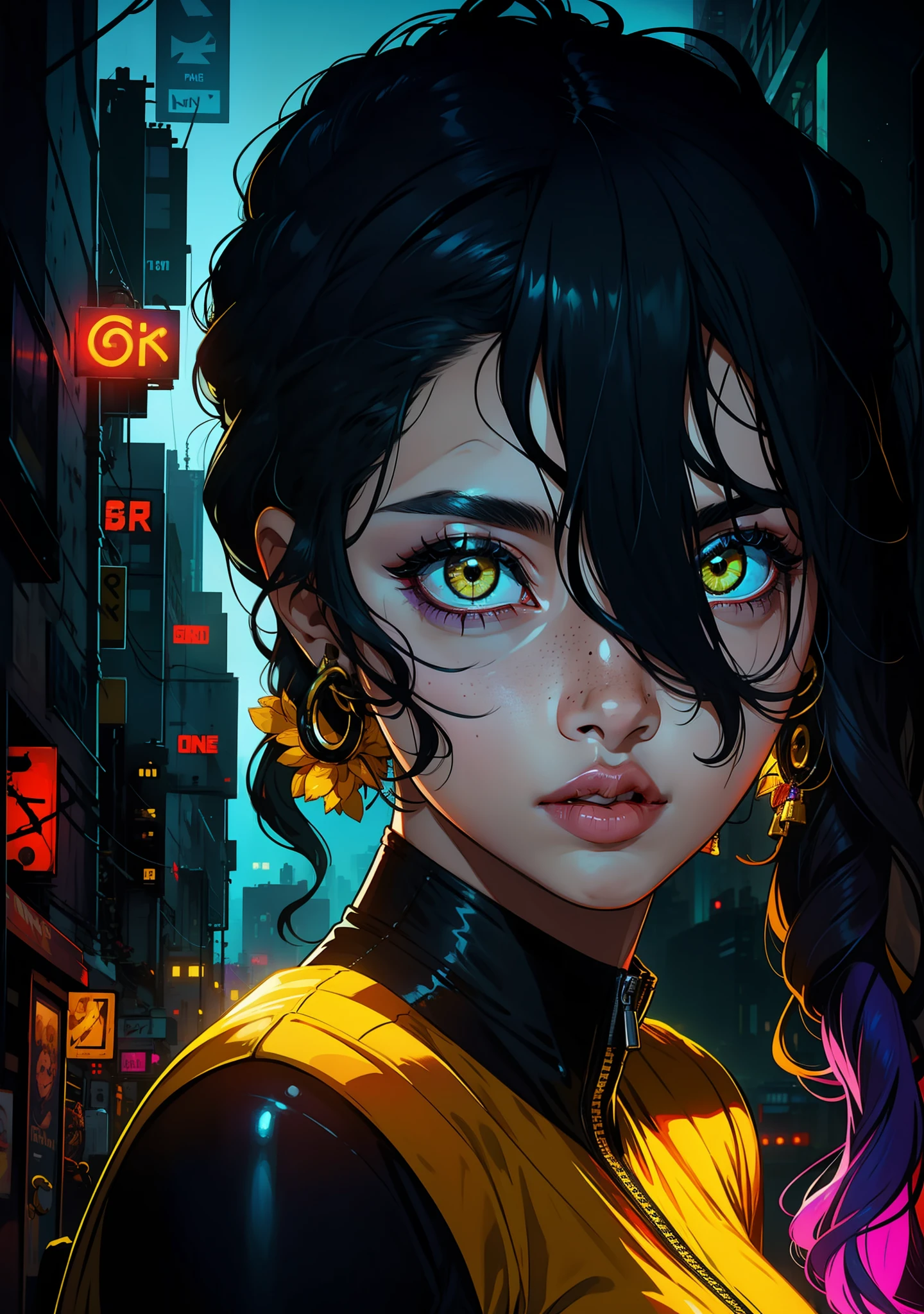 1girl, Anupama,solo,colorful,yellow eyes,cyberpunk,city,peace sign,earrings,purple hair,eye patche,freckles,prothesis,mechanic,neon,beautiful lighting,purple reflection,cap,smoking,character focus,cg illustration,bust shot,yellow and black outfit,black hair,, proper lips