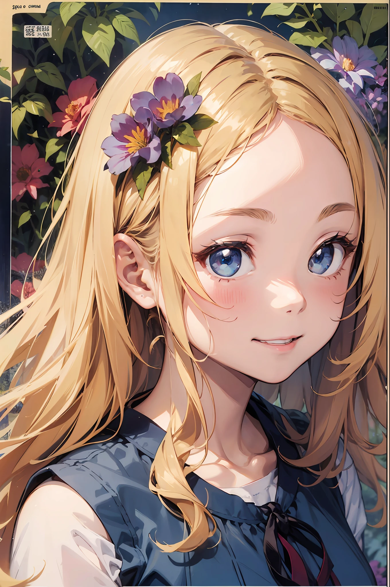 Young Woman, Thin blonde hair、Long、,put out one's forehead、Forehead、(lack of hair between the eyebrows and on the forehead,)、(Bangs are parting)、 Blue eyes, Cute colorful dress with laces, sleeveless、Magic Herbs, Enchanted flower garden, Trees around, Comic Art Style,、A smile、Look
