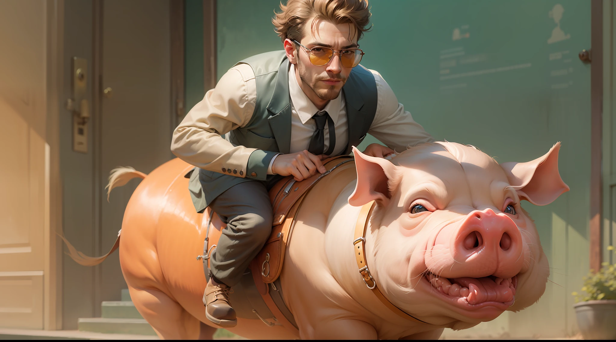 CG painting of a man riding a pig in modern style
