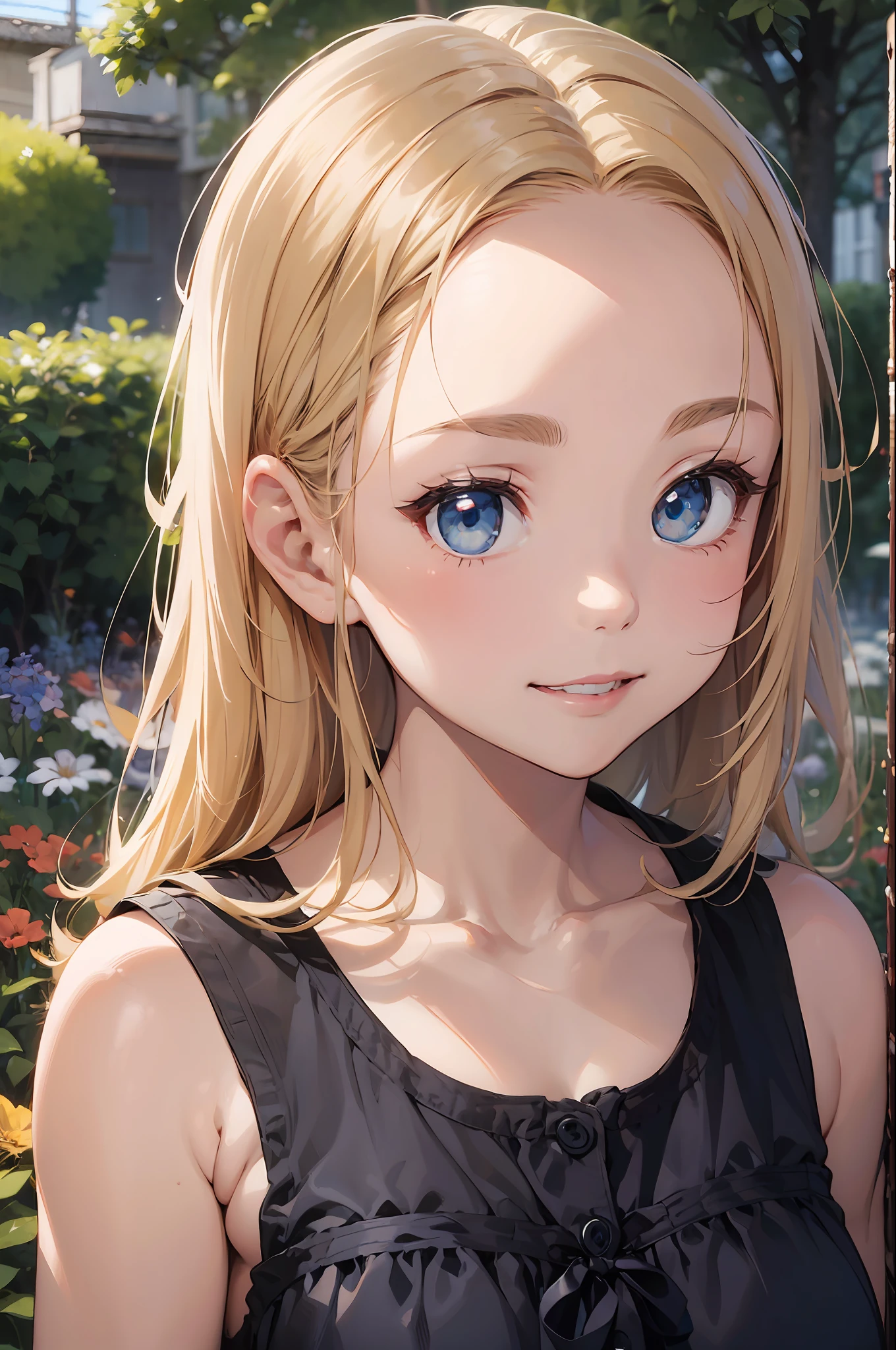 Young Woman, Thin blonde hair、Long、,put out one's forehead、Forehead、(lack of hair between the eyebrows and on the forehead,)、(Bangs are parting)、 Blue eyes, Cute colorful dress with laces, sleeveless、Magic Herbs, Enchanted flower garden, Trees around, Comic Art Style,、A smile、Look