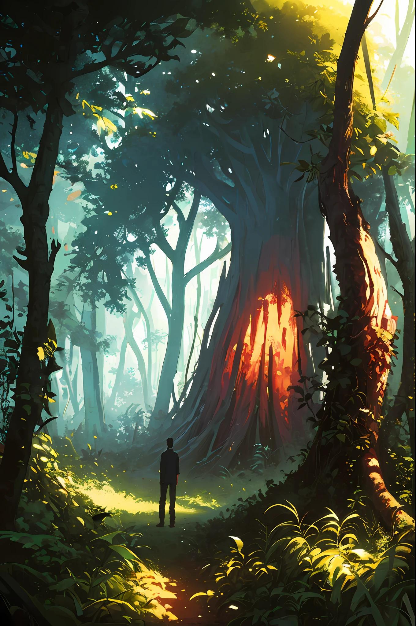 1boy, from distance, Forest, lost in the jungle, dark vibe, In the middle of jungle, trees, pastel,texture, sunlight, by (kilian eng:1.2)