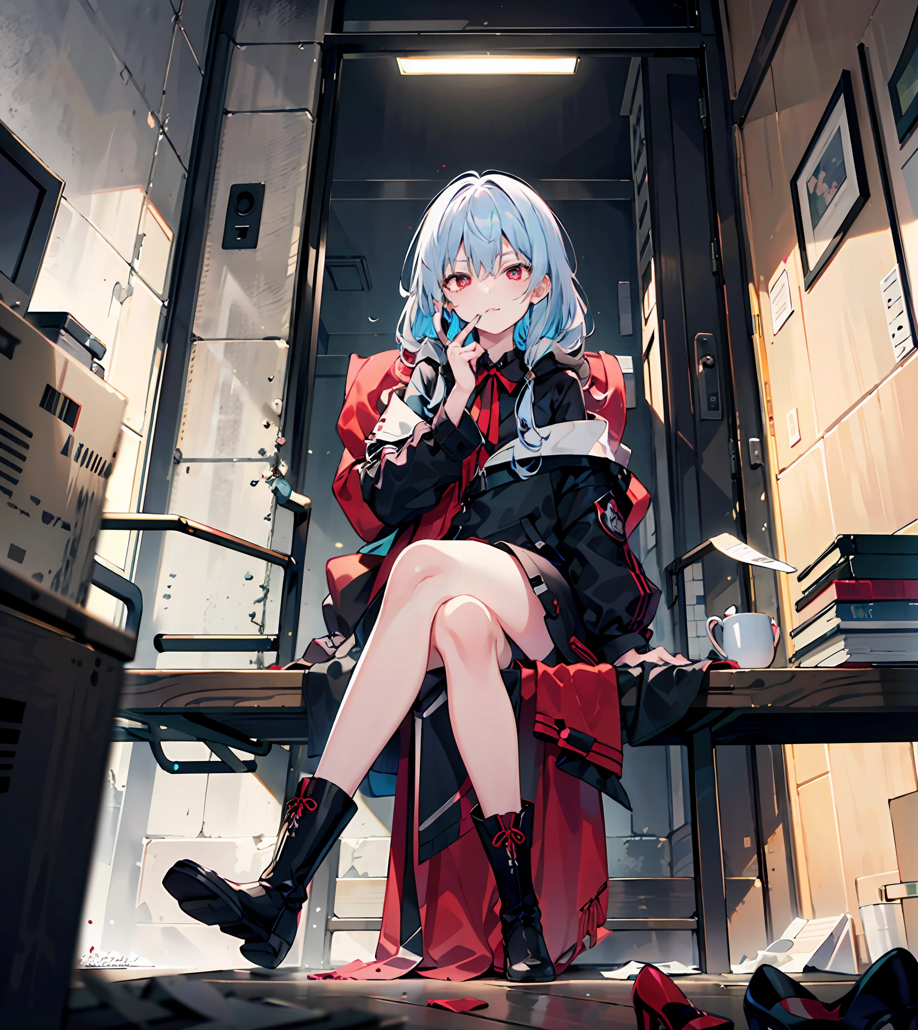 Best quality at best，1girll，Solo，Light blue hair，Red eyes，Dark environment，disdain，Sitting position，Look up at the perspective，Sick，Darkness，Blackened，Blackened，Blackened，frontage，Tired expression，Shoe soles，morbid，Sneer，miss，haughty，There is love in the eyes，boot，Shoe soles