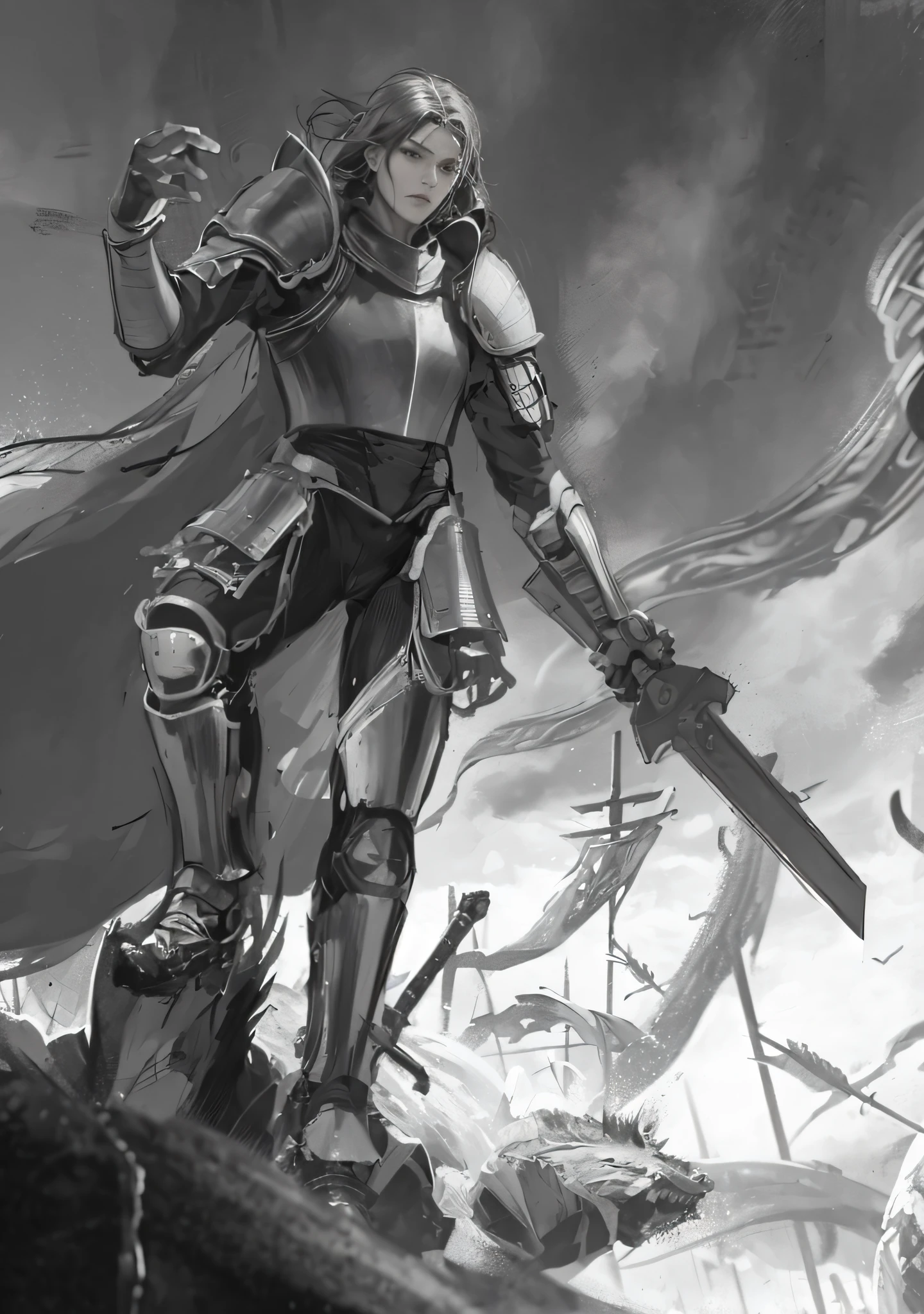 offcial art,统一 8k 壁纸,ultra - detailed,tmasterpiece,best qualtiy,1 male warrior、armour,(The is very detailed),dynamic angle,Mysterious expressions,Flame flash effect,Fantasy Background,edge lit,Side lighting,cinematric light,超高分辨率,8k uhd, filmgrain, best shadow, Delicate, RAW, light particules, detailed skin textures, Detailed armor textures, 详细的脸, Complicated details, ultra - detailed, brightly, strong, Black armor, holding a weapon, Take a shield, ,Long black cloak,fanciful,(Realistis),Battlefield endgame