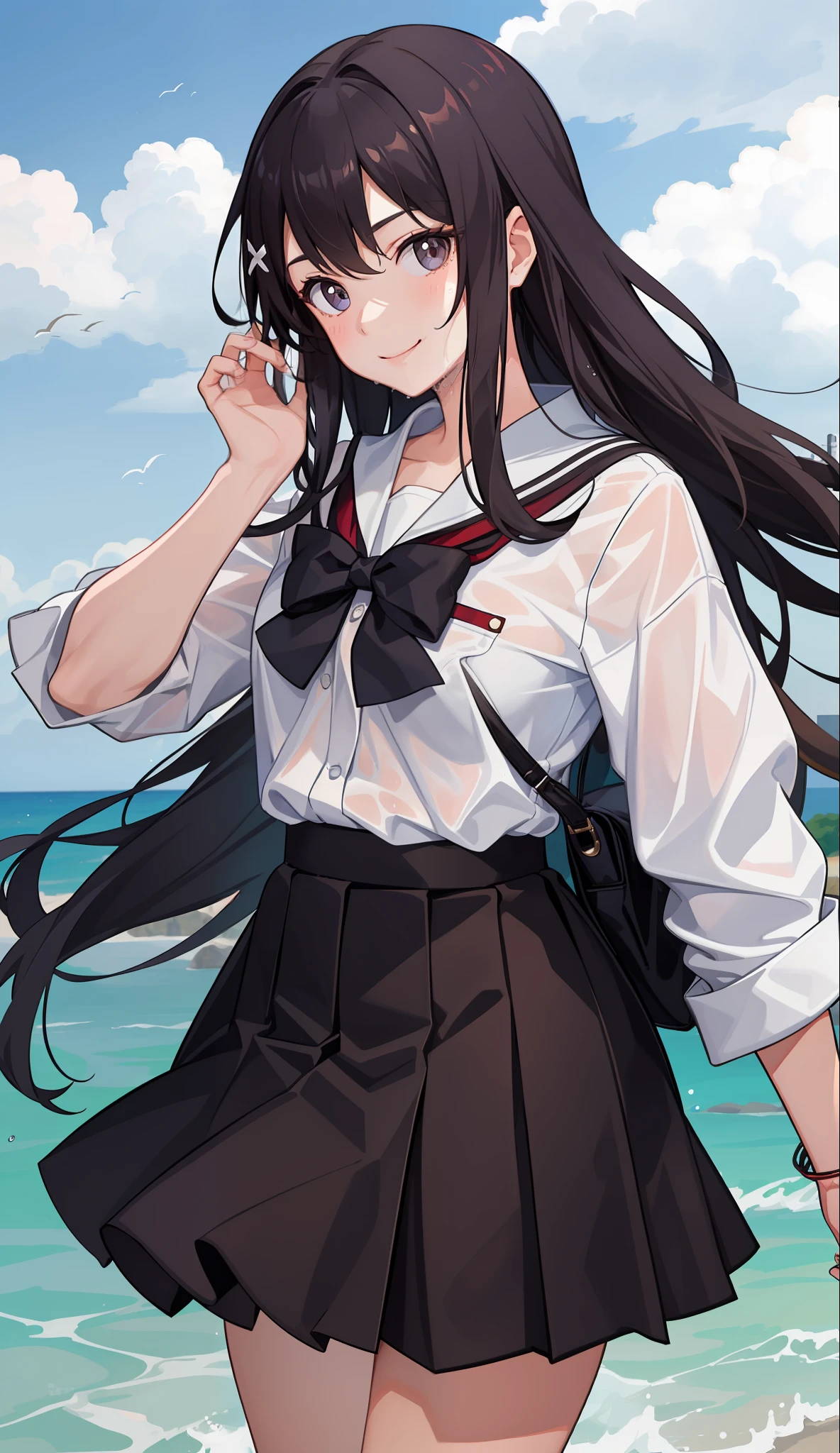 1 girl, smile, shirt, skirt, (small) chiralism, Japan high school school uniform, seravuk, summer clothes, squall-wet uniform, sheer bra, (portrait from knee up),