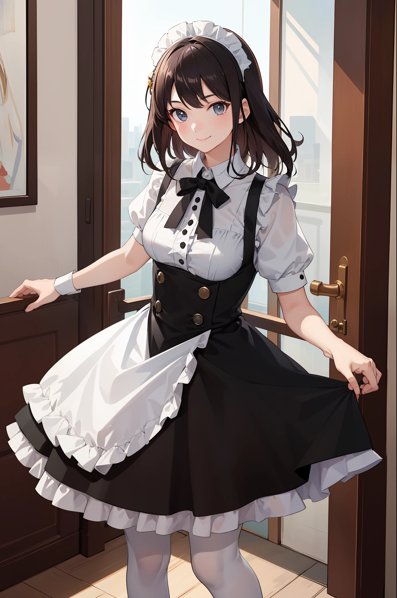 1girl in、A smile、A delightful、skirt by the、(small tits)Chilarism、doress、pinafore,,,,,,、Maids,,,,,,,,、hair adornments、movement、