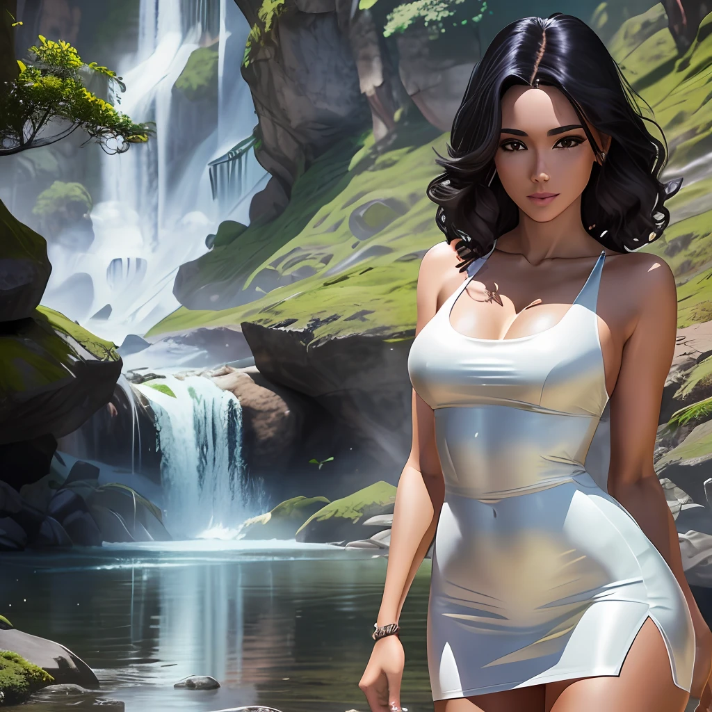 Ultra realista bonito, sexy, muito sexy, Mulher brasileira, 30 anos, cabelos negros cacheados, corpo em forma, com um vestido curto decotado, vestido branco curto, mulher na frente de uma cachoeira muito bonita, Super realistic 8K resolution