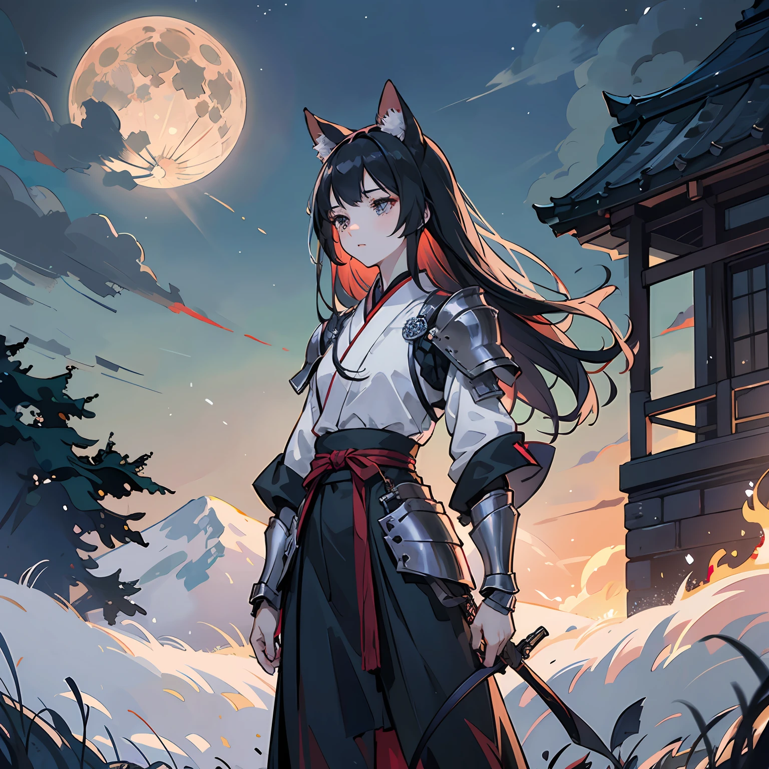 ((Master masterpiece)), ((Top image quality)), illustratio, The girls1Guys, A little girl is standing alone in the meadow at night when the moon is out、The steppes are ravaged by war、Hair color, Bangs, Hairstyle Fax,Cat's ears、 slender、constricted hips、A dark-haired、((Wearing armor))、Japanese armor、Battlefield、Surrounded by skeleton soldiers