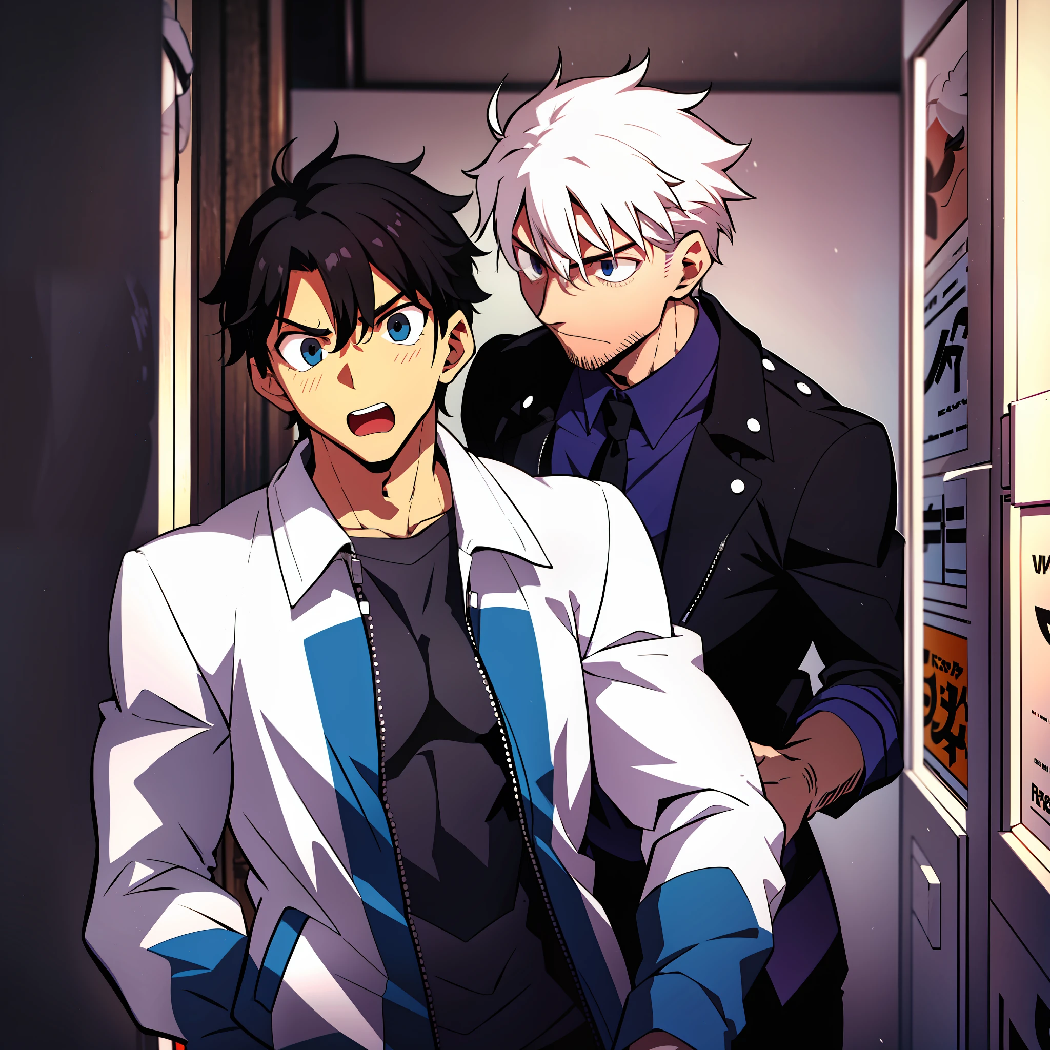 Two men,A man in a black jacket,with short black hair,Surprised expression,In a white dress,white color hair,in front