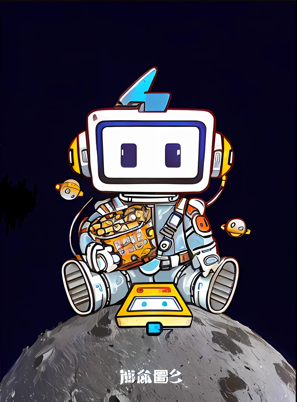 Cartoon robot sitting on rock on blue background, cute astronaut sticker art, popcorn, cyber space cowboy, Digital 3D illustration, pit droid, portrait of an ai astronaut, 4 bits, 2D illustration, 2 d illustration, Inspired by:《Super Bomberman》, advanced digital chibi art, 3D digital illustration, borne space library artwork, Cute robot, Digital space，