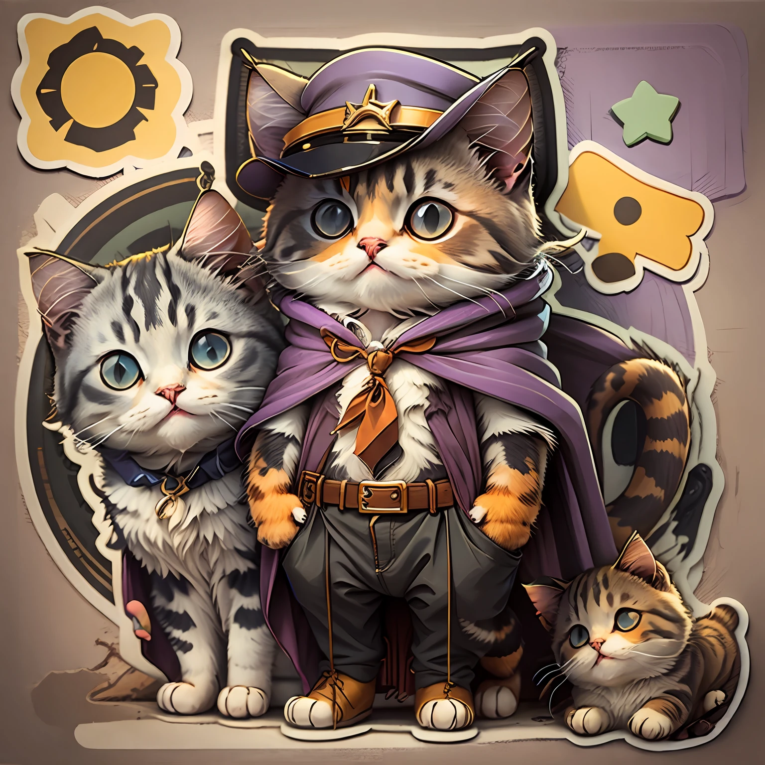 Cute cartoon stickers,A cat dressed as a detective in a dark purple cape
