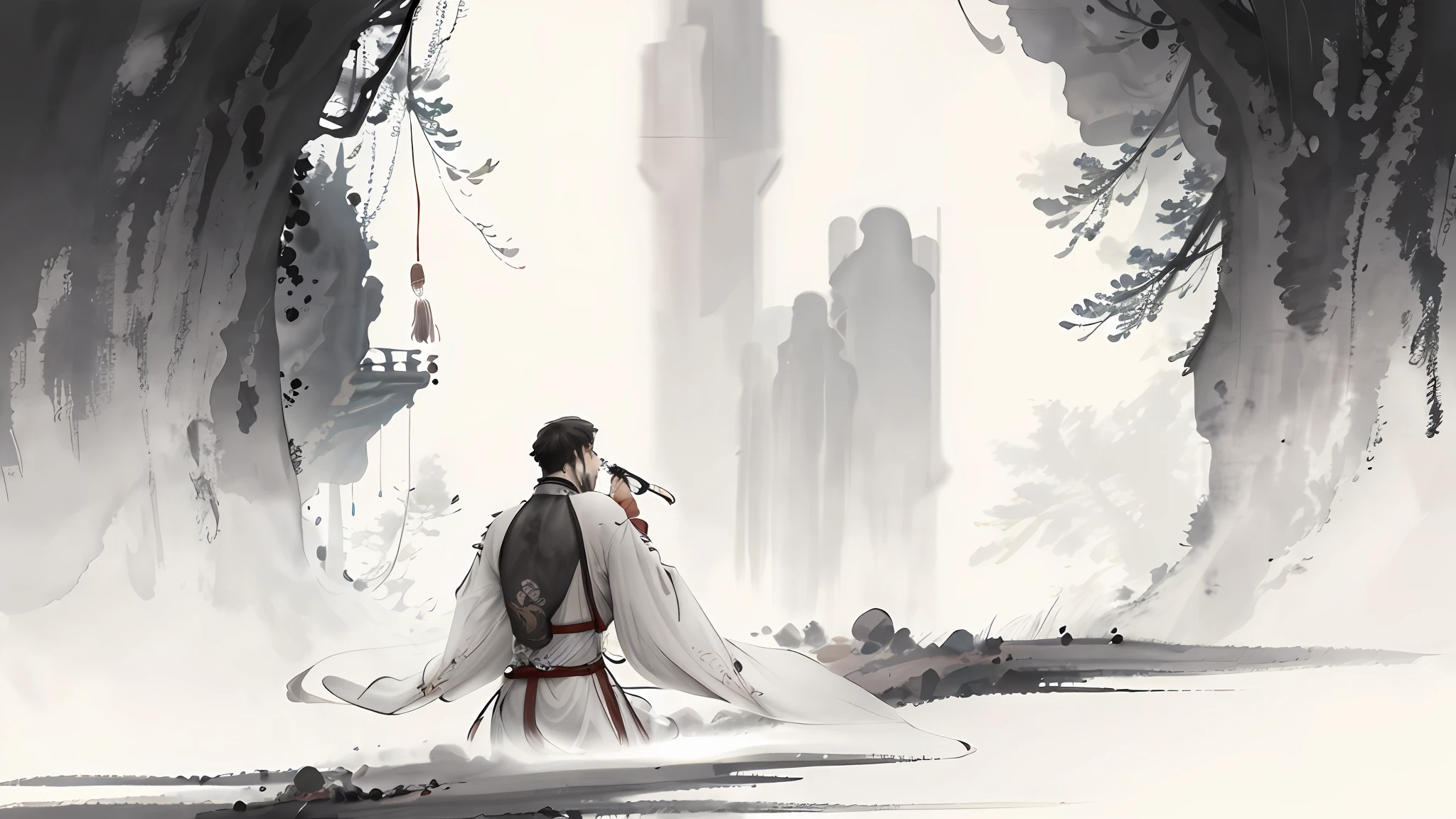 There is an ancient Chinese man in a white robe who meditates cross-legged，backs facing each other。，Surrounded by a spell aperture，Gossip background，Ink wind，A puddle of ink on the ground，Inspired by Seki Dosheng, ruan jia and joao ruas, inspired by Fu Baoshi, inspired by Wu Daozi, Inspired by Xiao Yuncong, Inspired by Cao Zhibai, inspired by Gong Xian, inspired by Lü Ji, inspired by Zhao Mengfu