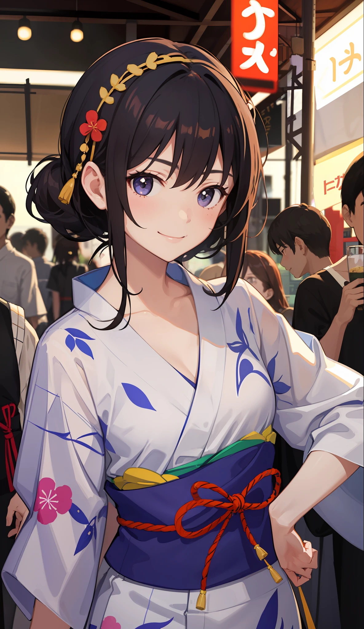1girl in、A smile、Summer festival、skyrocket、Wearing a yukata、(Upper body portrait)、