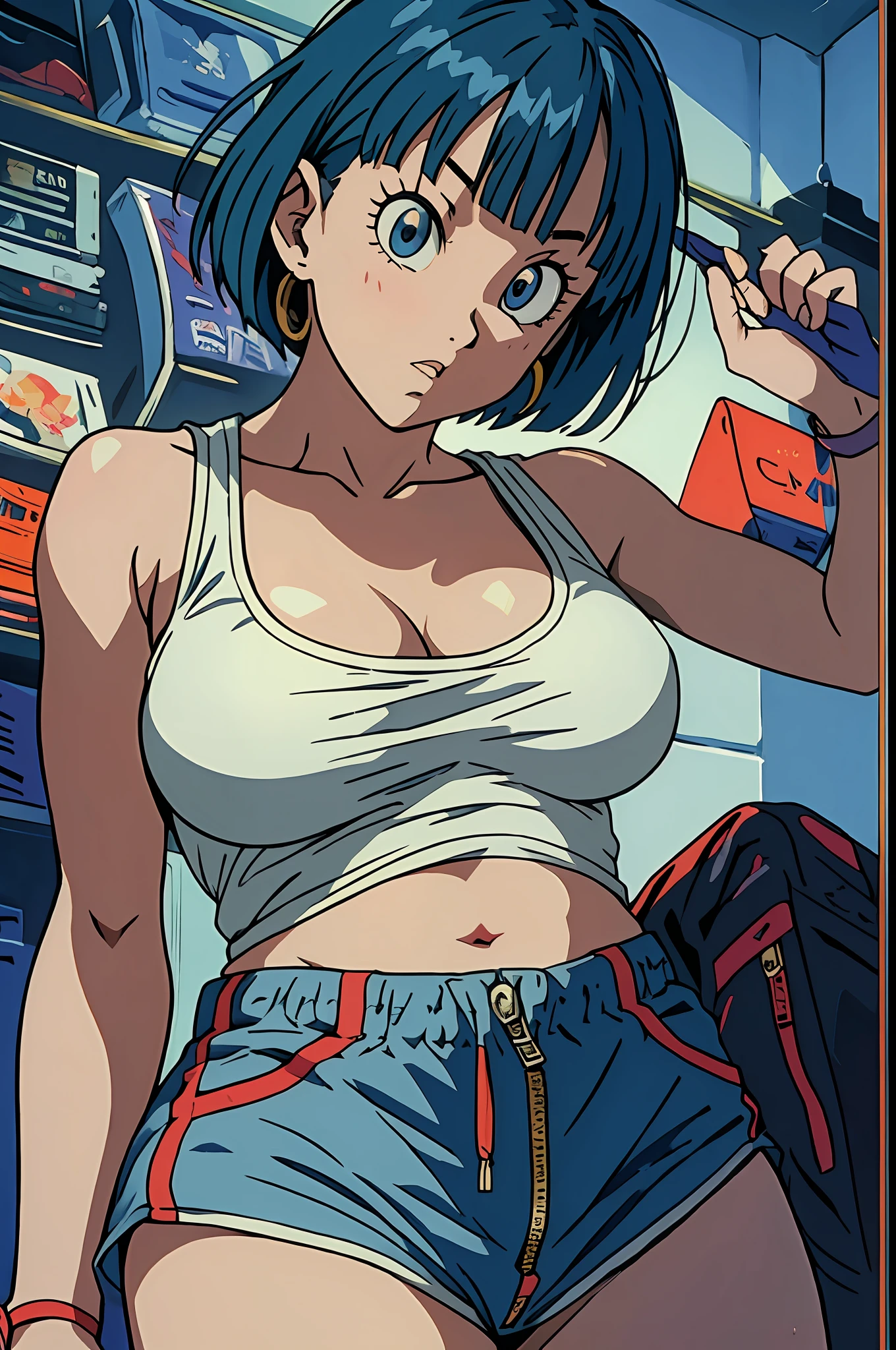 Bulma, muito sensual, com roupas de funkeira, brasileira, rio de janeiro, dancing funk, rebolando, bunda grande, pernas grossas, usando um short jeans extremamente curto, usando uma mini blusa, umbigo com pirsing, sneakers Nike, cabelo comprido, Speaker behind, corpo inteiro, muito realista, extremamente sexy, 8k, 8k extremamente detalhado), (um extremamente delicado e bonito), (obra-prima), (melhor qualidade: 1.0), (ultra highres:1.0)