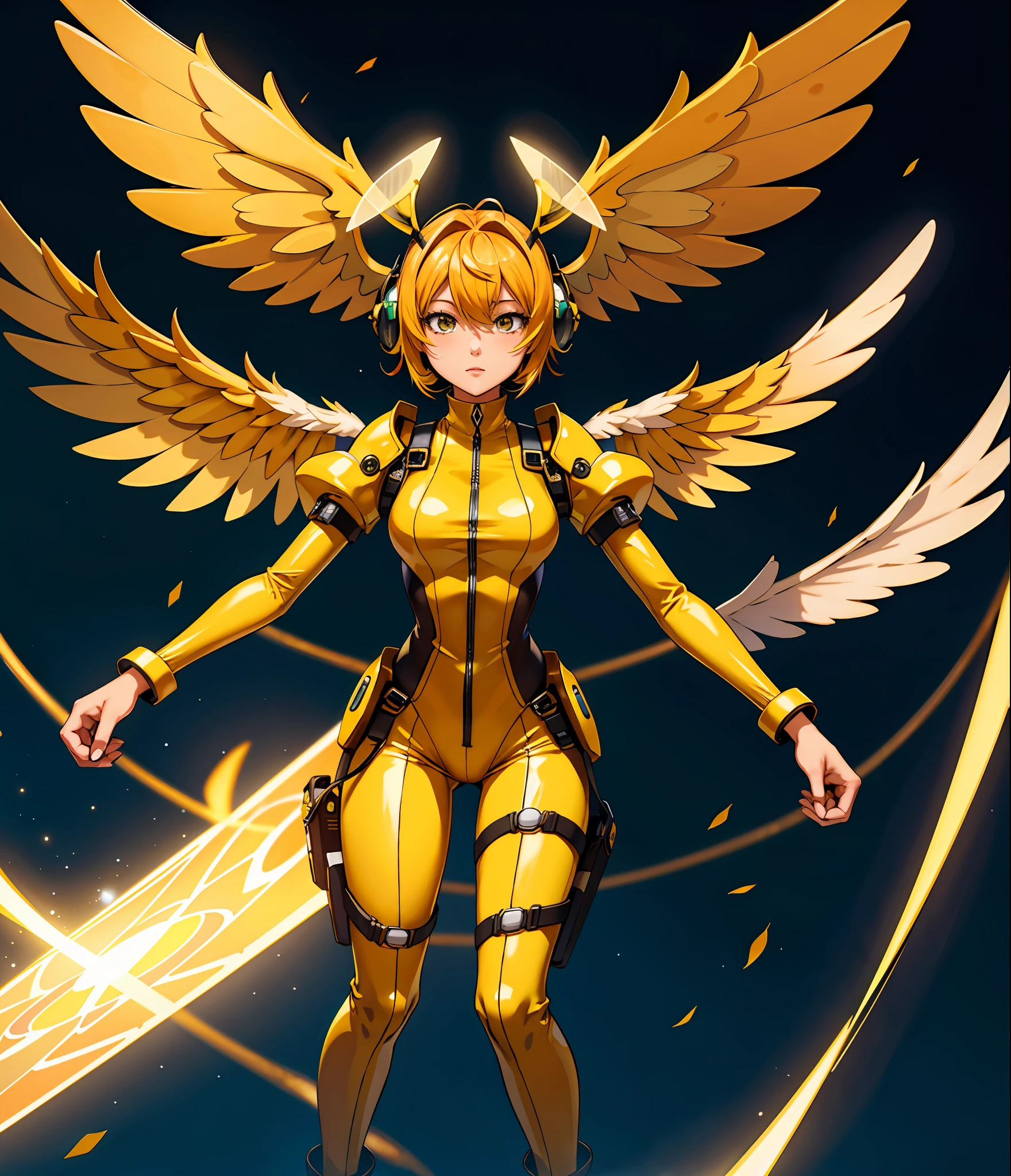 Hornet anthropomorphic, kawaii style, yellow angel wings, wearing scifi yellow jumpsuit with black stripes, Dominions Angel of the end of Earth, Masterpiece, Best Quality