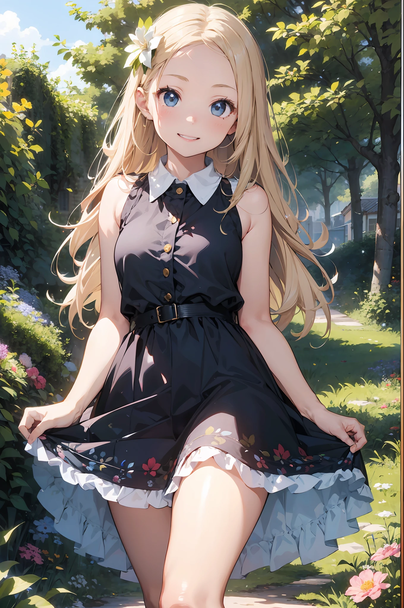 Young Woman, Thin blonde hair、length hair、,put out one's forehead、Forehead、(lack of hair between the eyebrows and forehead,,)、(Bangs are parting)、 Blue eyes, Cute colorful dress with laces, Sleeveless、Magic herbs, Enchanted flower garden, Trees around, Comic Art Style,、A smile、Look、18year old