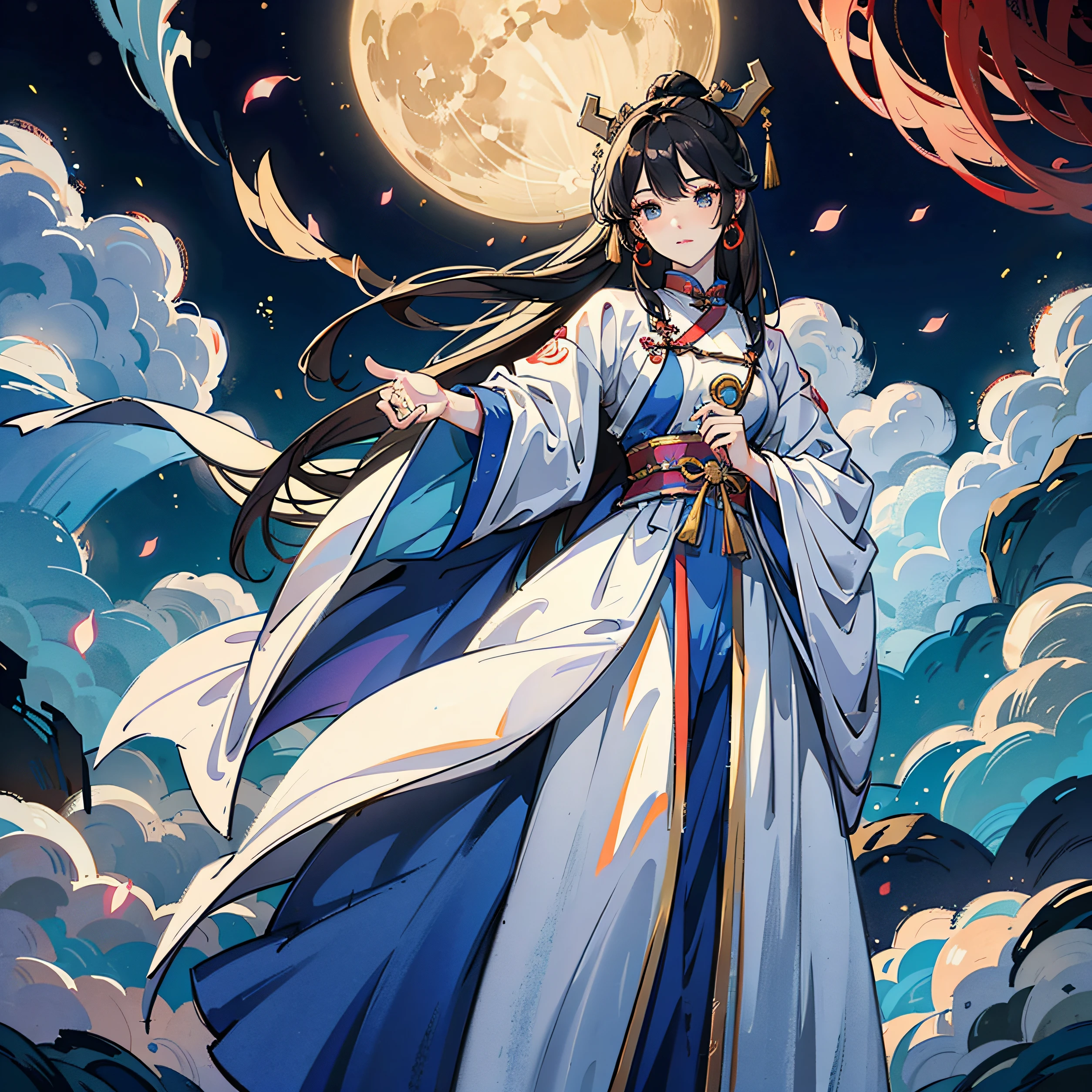 Close-up of a woman in a blue dress standing on stage, full-body xianxia, lunar themed attire, astral witch clothes, inspired by Li Mei-shu, cotton cloud mage robes, fantasyoutfit, tai costume, cloud mage robes, inspired by Leng Mei, Yun Ling, full-body wuxia, flowing magical robe, Xianxia --auto